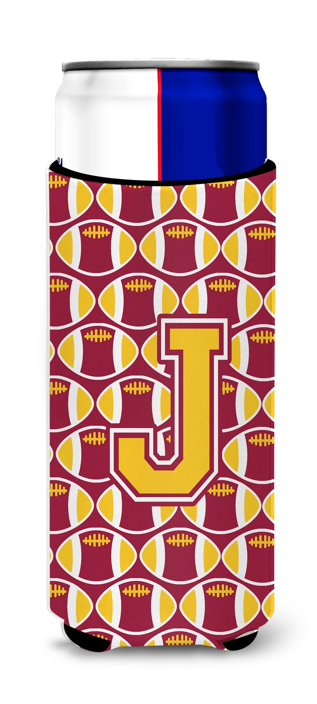 Letter J Football Maroon and Gold Ultra Beverage Insulators for slim cans CJ1081-JMUK.