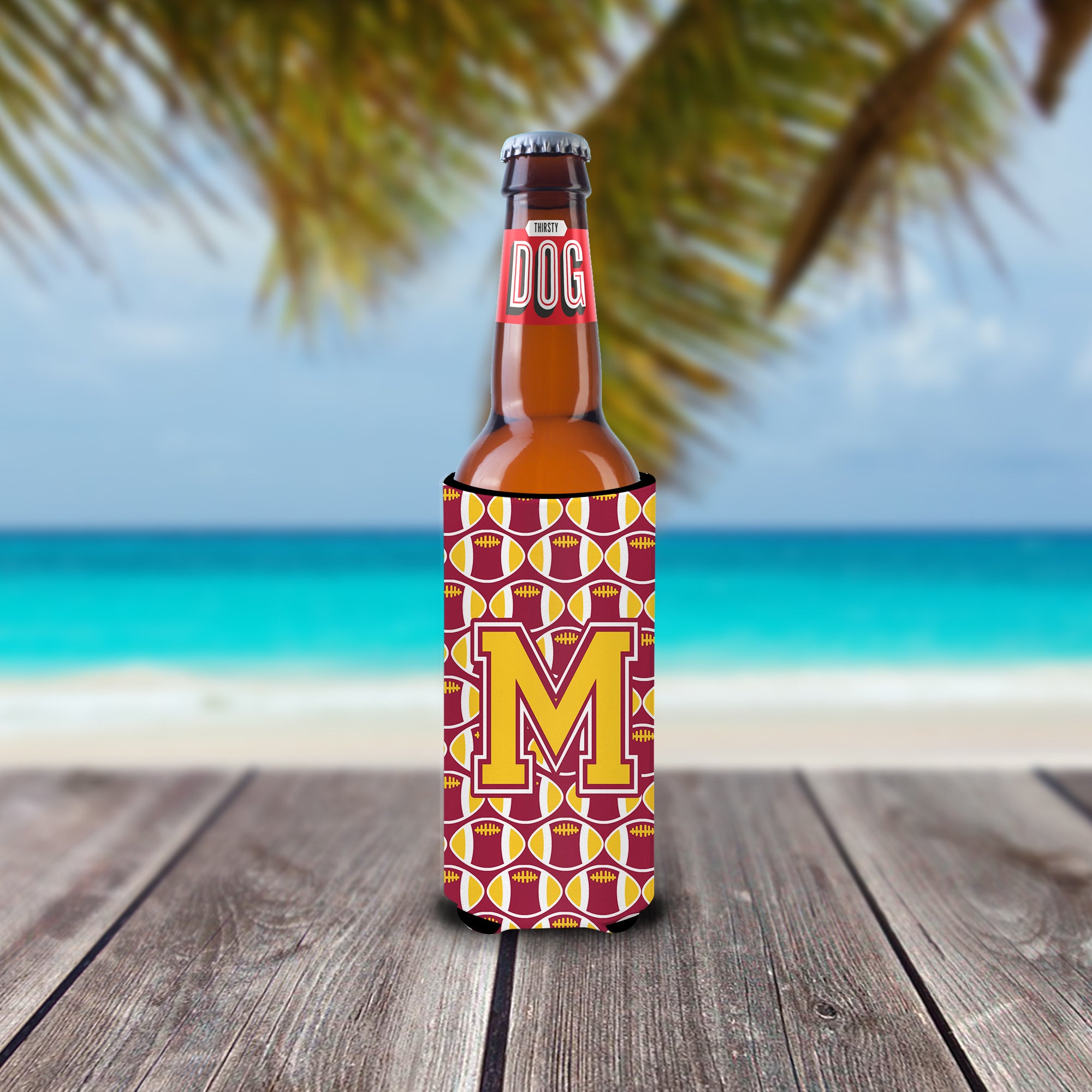 Letter M Football Maroon and Gold Ultra Beverage Insulators for slim cans CJ1081-MMUK.