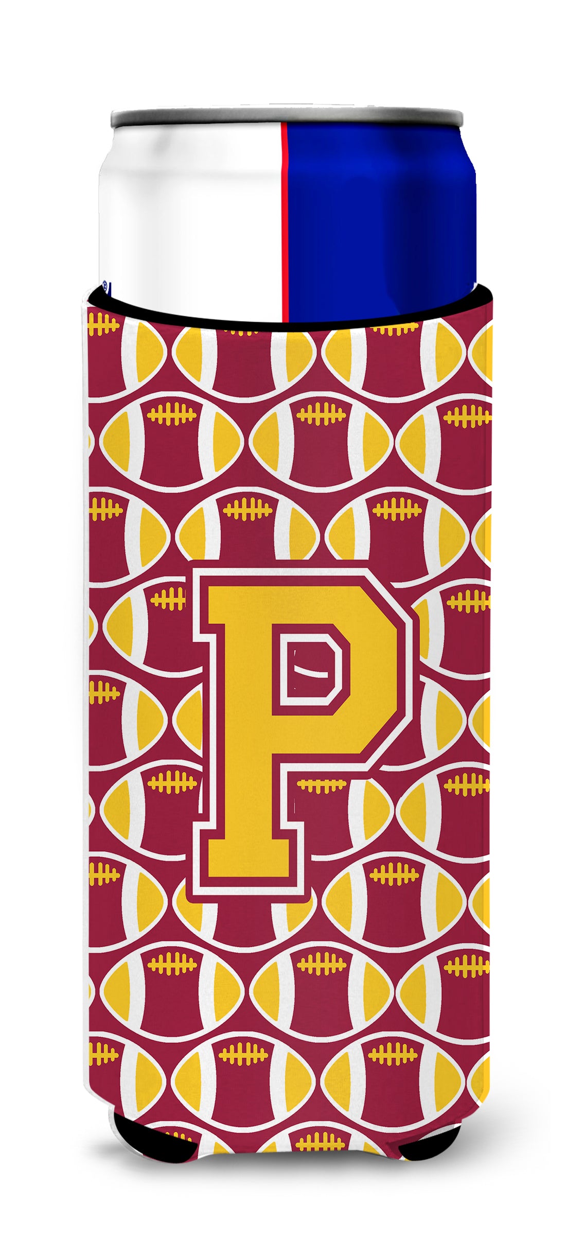 Letter P Football Maroon and Gold Ultra Beverage Insulators for slim cans CJ1081-PMUK.