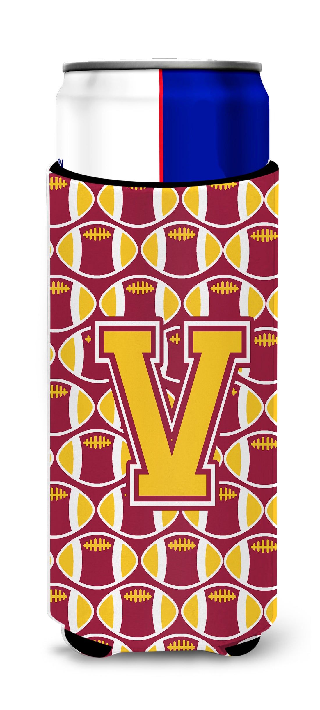 Letter V Football Maroon and Gold Ultra Beverage Insulators for slim cans CJ1081-VMUK.