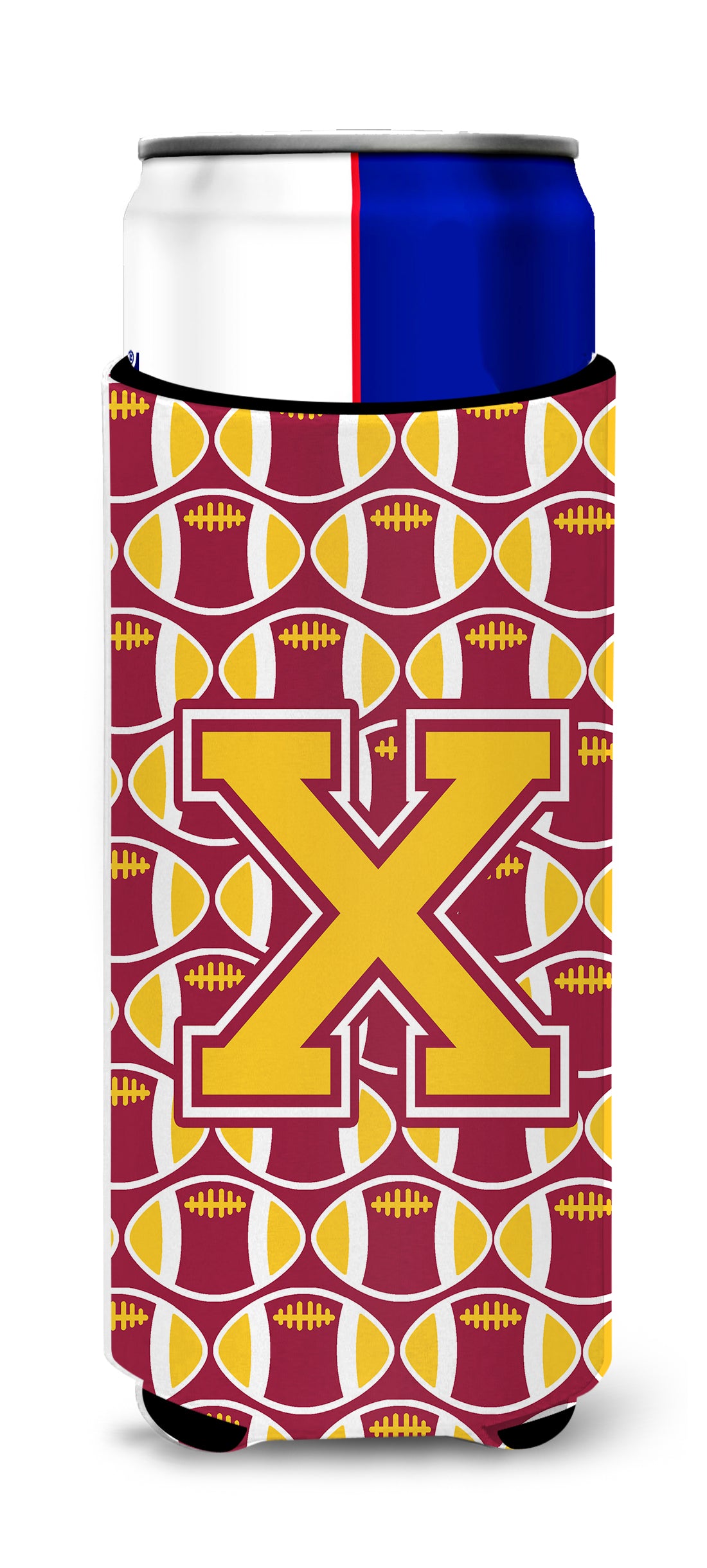 Letter X Football Maroon and Gold Ultra Beverage Insulators for slim cans CJ1081-XMUK.