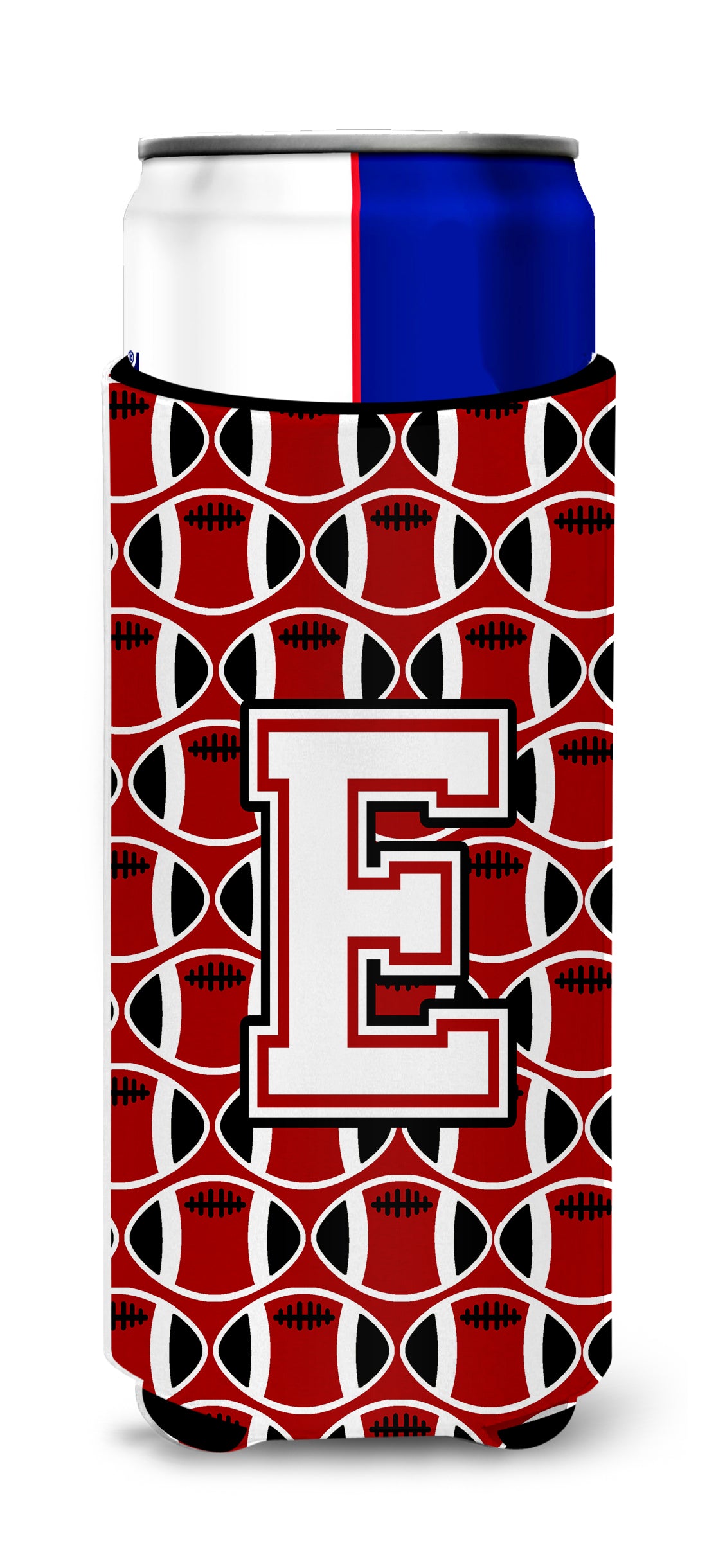 Letter E Football Cardinal and White Ultra Beverage Insulators for slim cans CJ1082-EMUK.