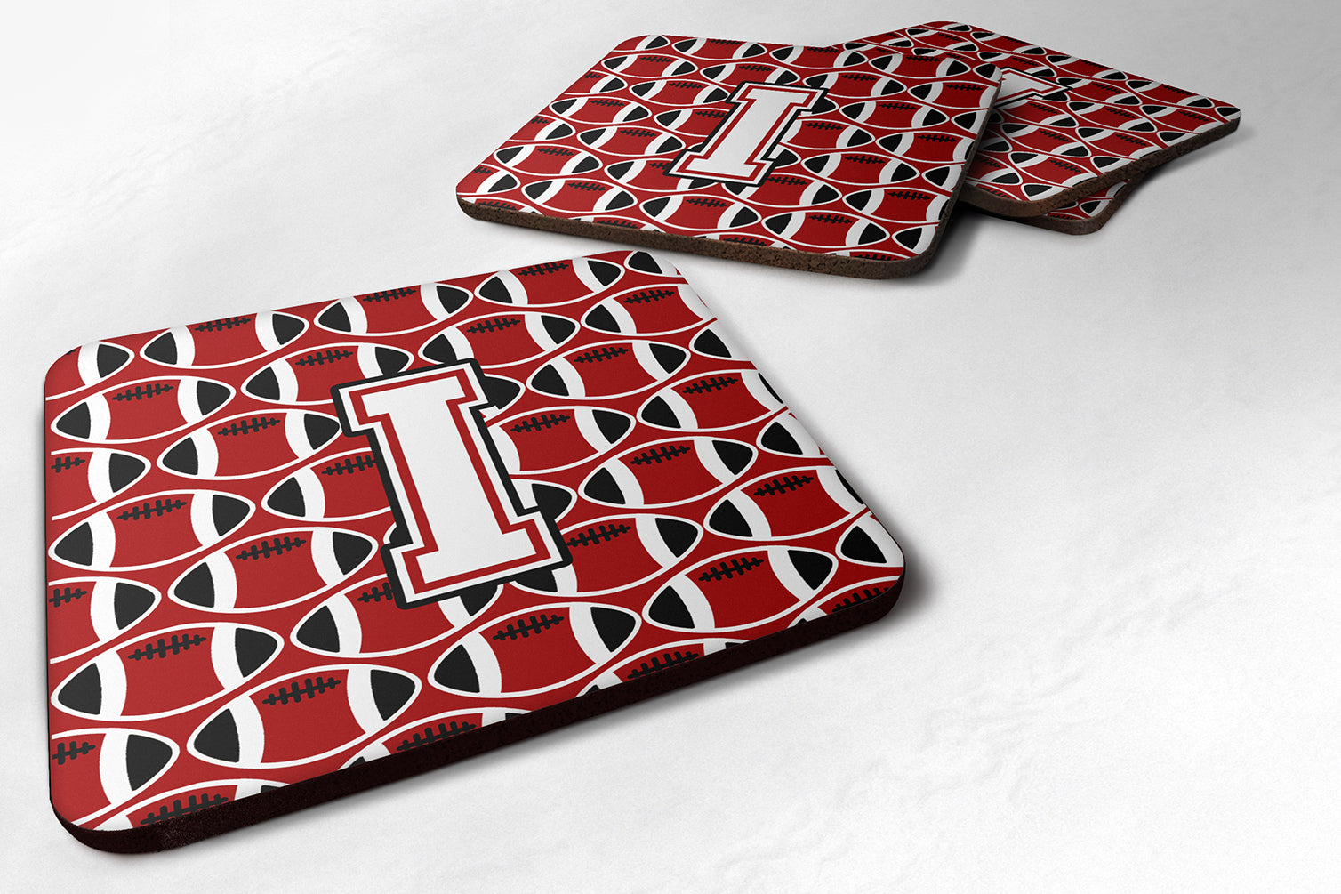 Letter I Football Cardinal and White Foam Coaster Set of 4 CJ1082-IFC - the-store.com