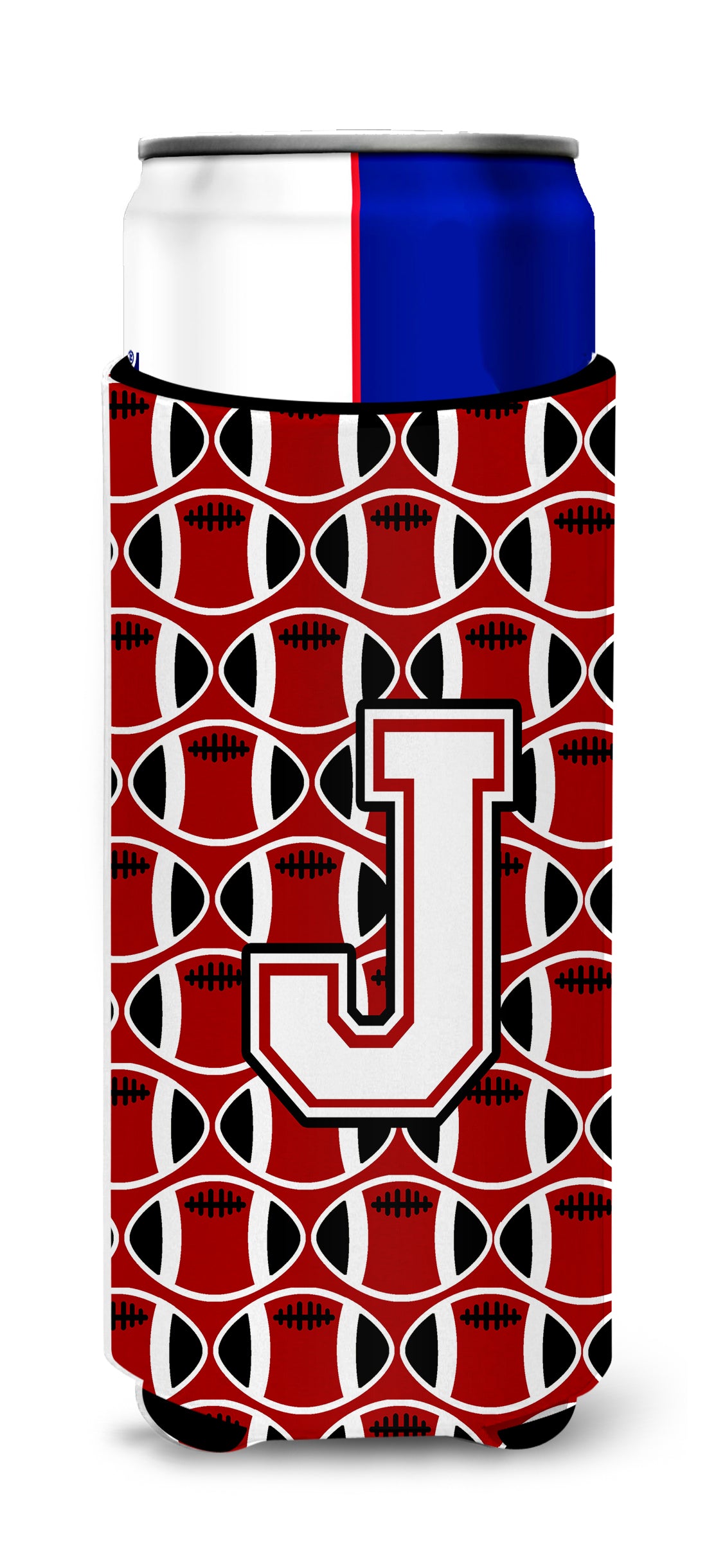 Letter J Football Cardinal and White Ultra Beverage Insulators for slim cans CJ1082-JMUK.