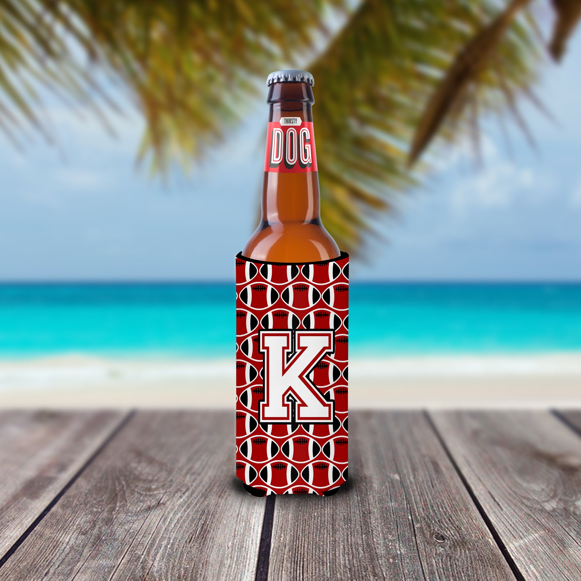 Letter K Football Cardinal and White Ultra Beverage Insulators for slim cans CJ1082-KMUK.