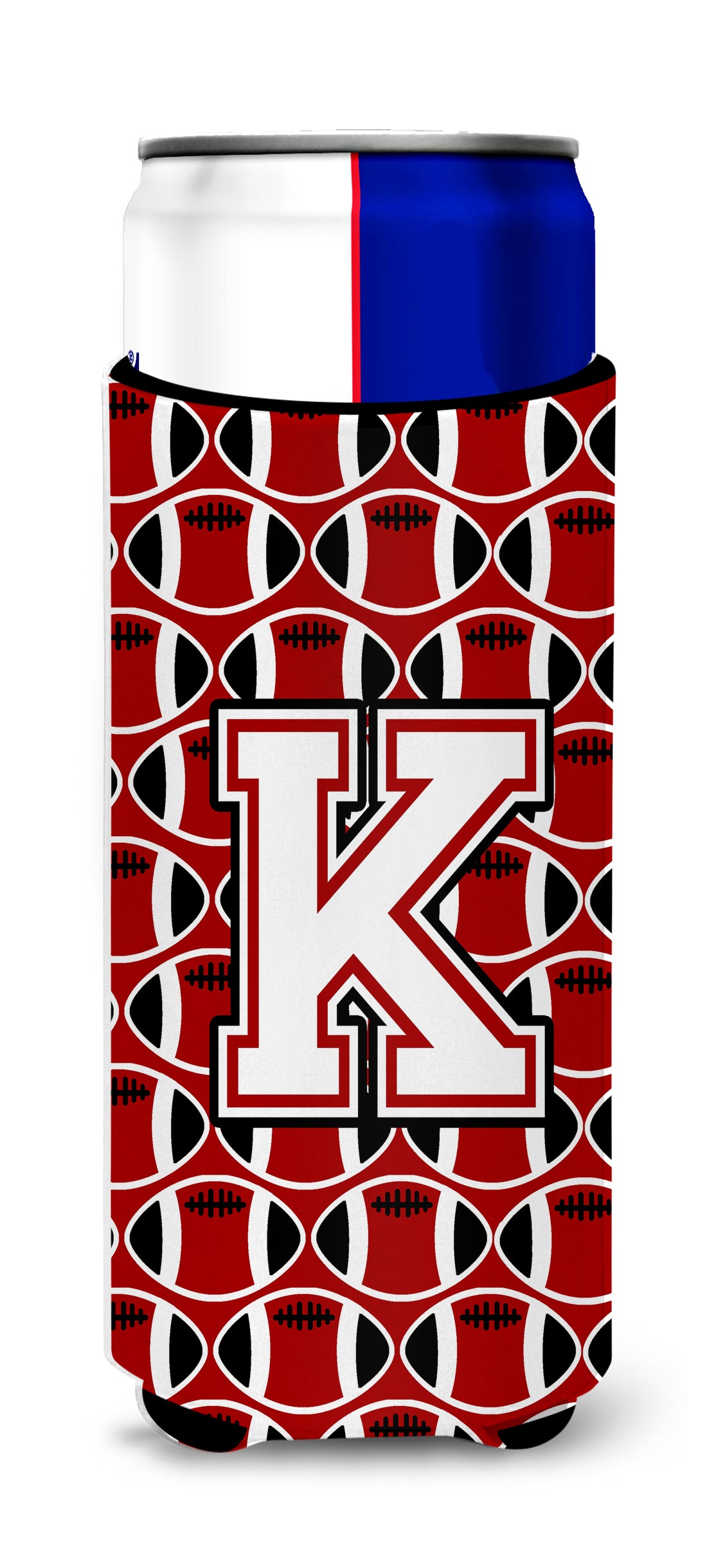 Letter K Football Cardinal and White Ultra Beverage Insulators for slim cans CJ1082-KMUK.