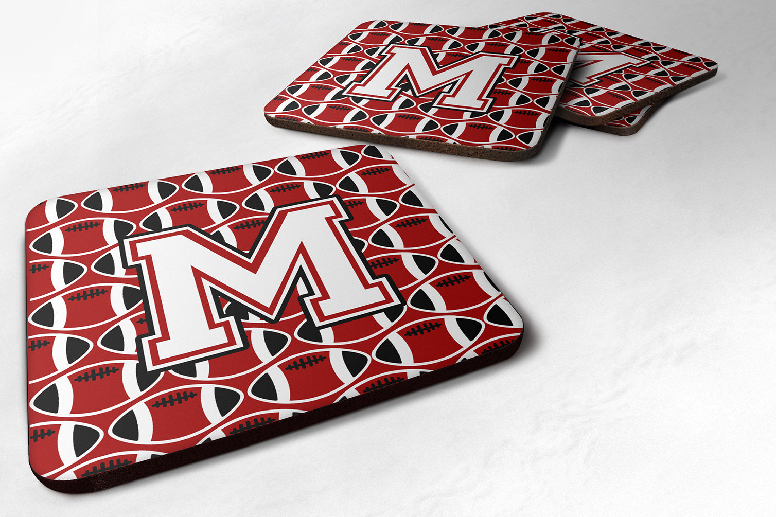 Letter M Football Cardinal and White Foam Coaster Set of 4 CJ1082-MFC - the-store.com