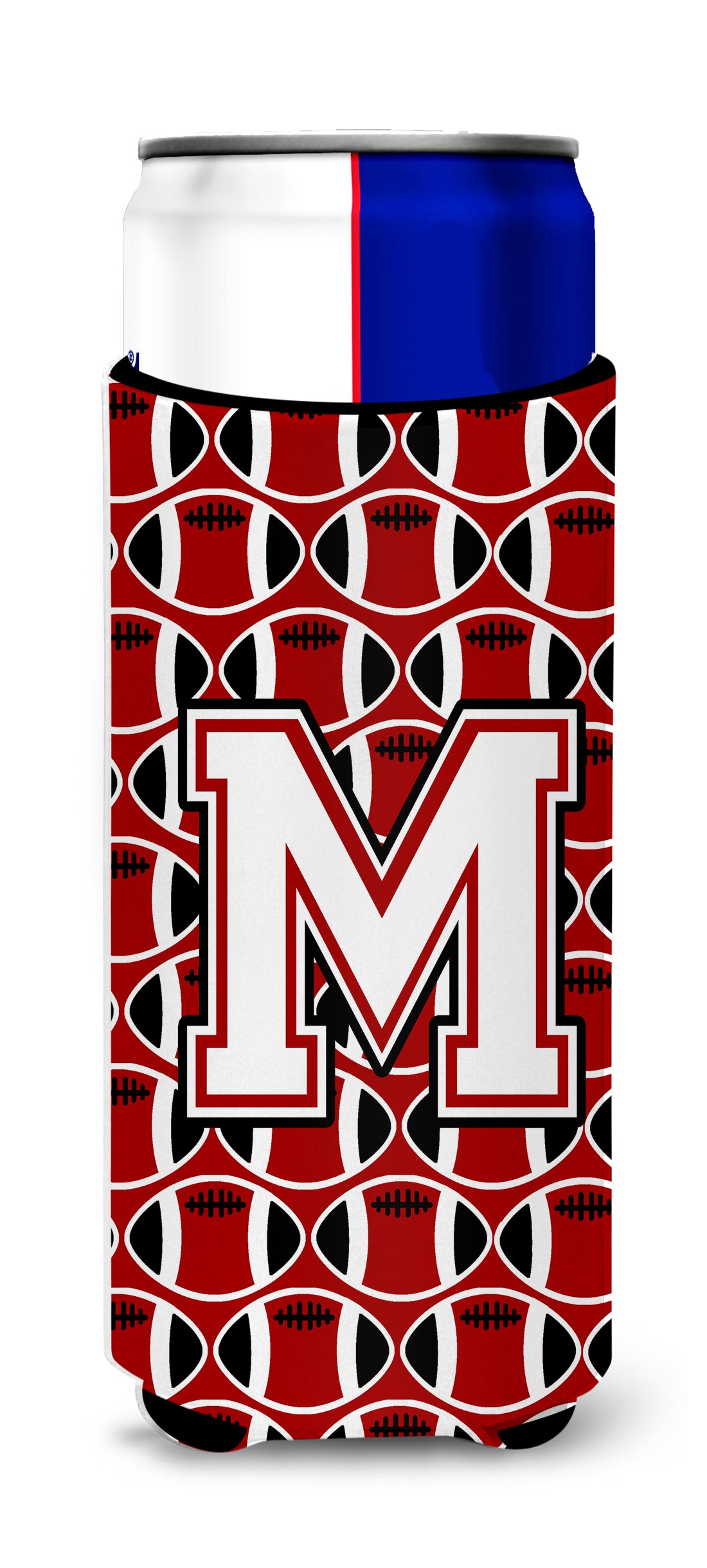 Letter M Football Cardinal and White Ultra Beverage Insulators for slim cans CJ1082-MMUK.