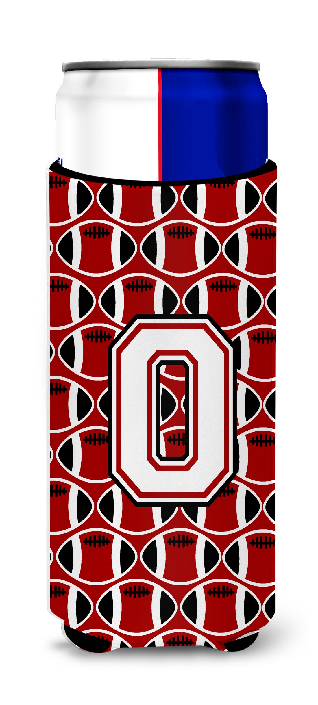 Letter O Football Cardinal and White Ultra Beverage Insulators for slim cans CJ1082-OMUK.