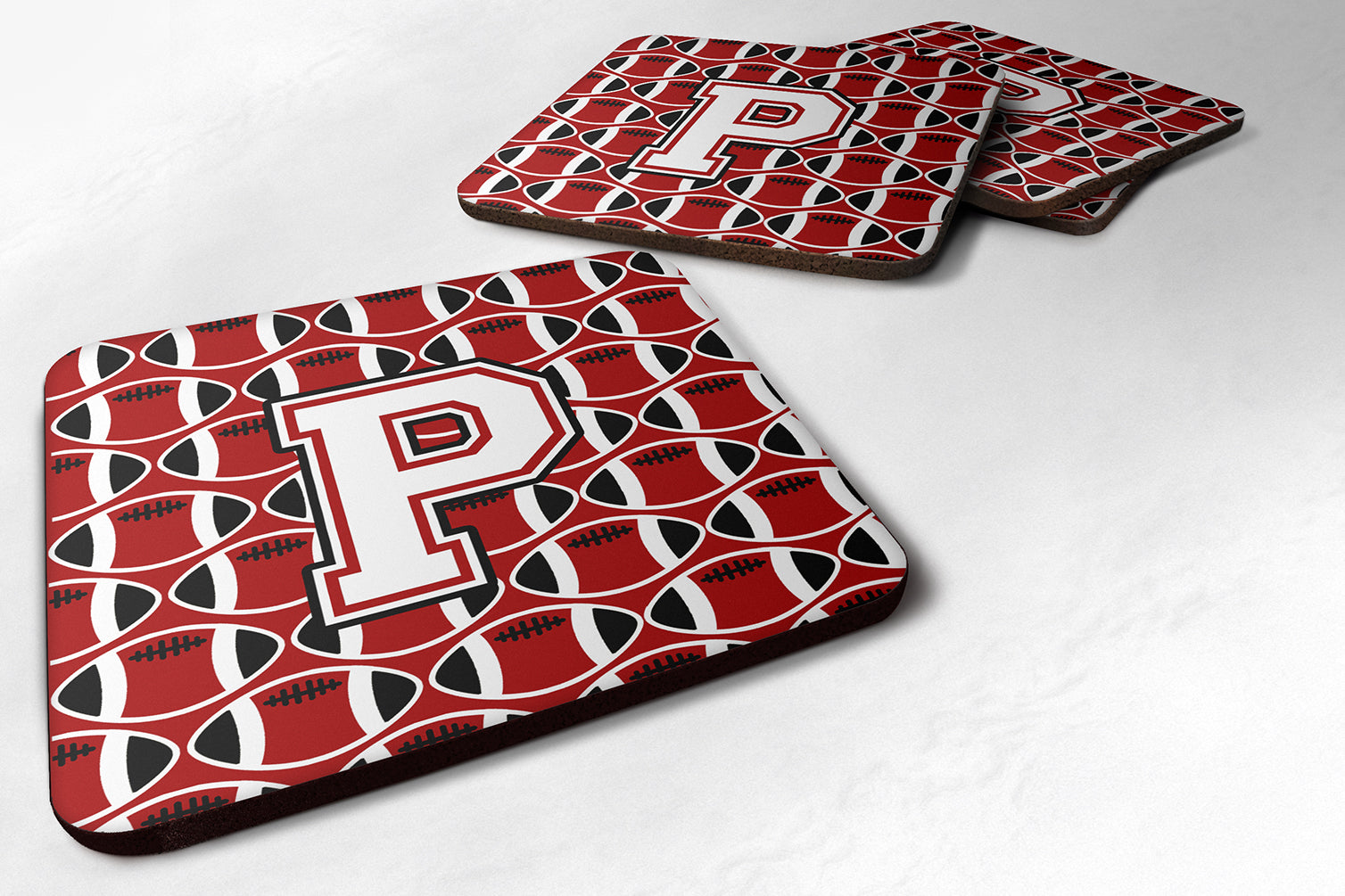 Letter P Football Cardinal and White Foam Coaster Set of 4 CJ1082-PFC - the-store.com