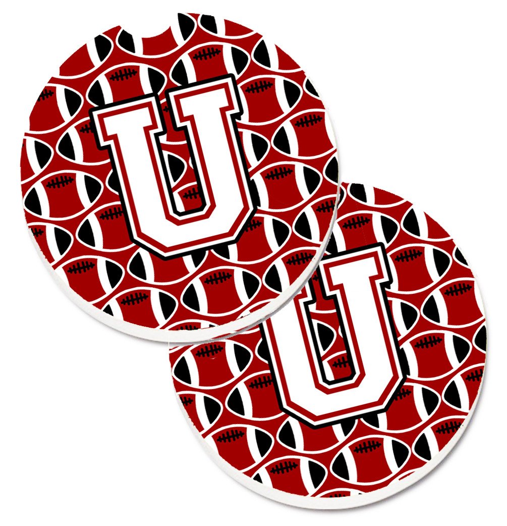 Letter U Football Cardinal and White Set of 2 Cup Holder Car Coasters CJ1082-UCARC by Caroline's Treasures