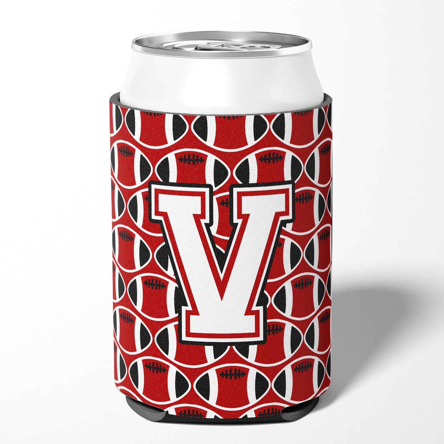 Letter V Football Cardinal and White Can or Bottle Hugger CJ1082-VCC.