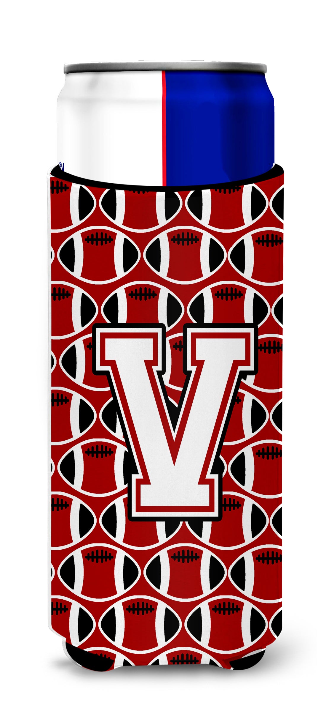 Letter V Football Cardinal and White Ultra Beverage Insulators for slim cans CJ1082-VMUK.