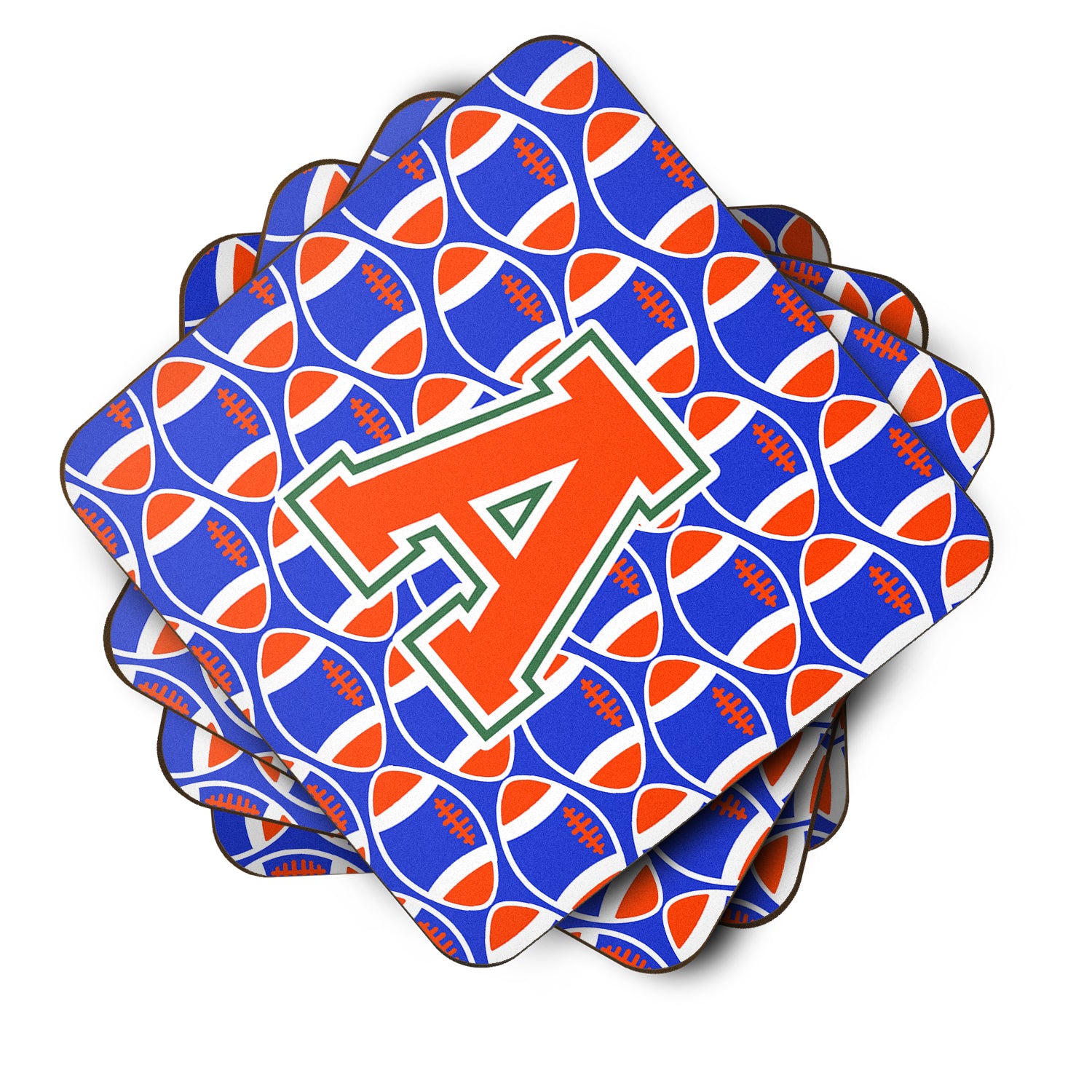 Letter A Football Green, Blue and Orange Foam Coaster Set of 4 CJ1083-AFC - the-store.com