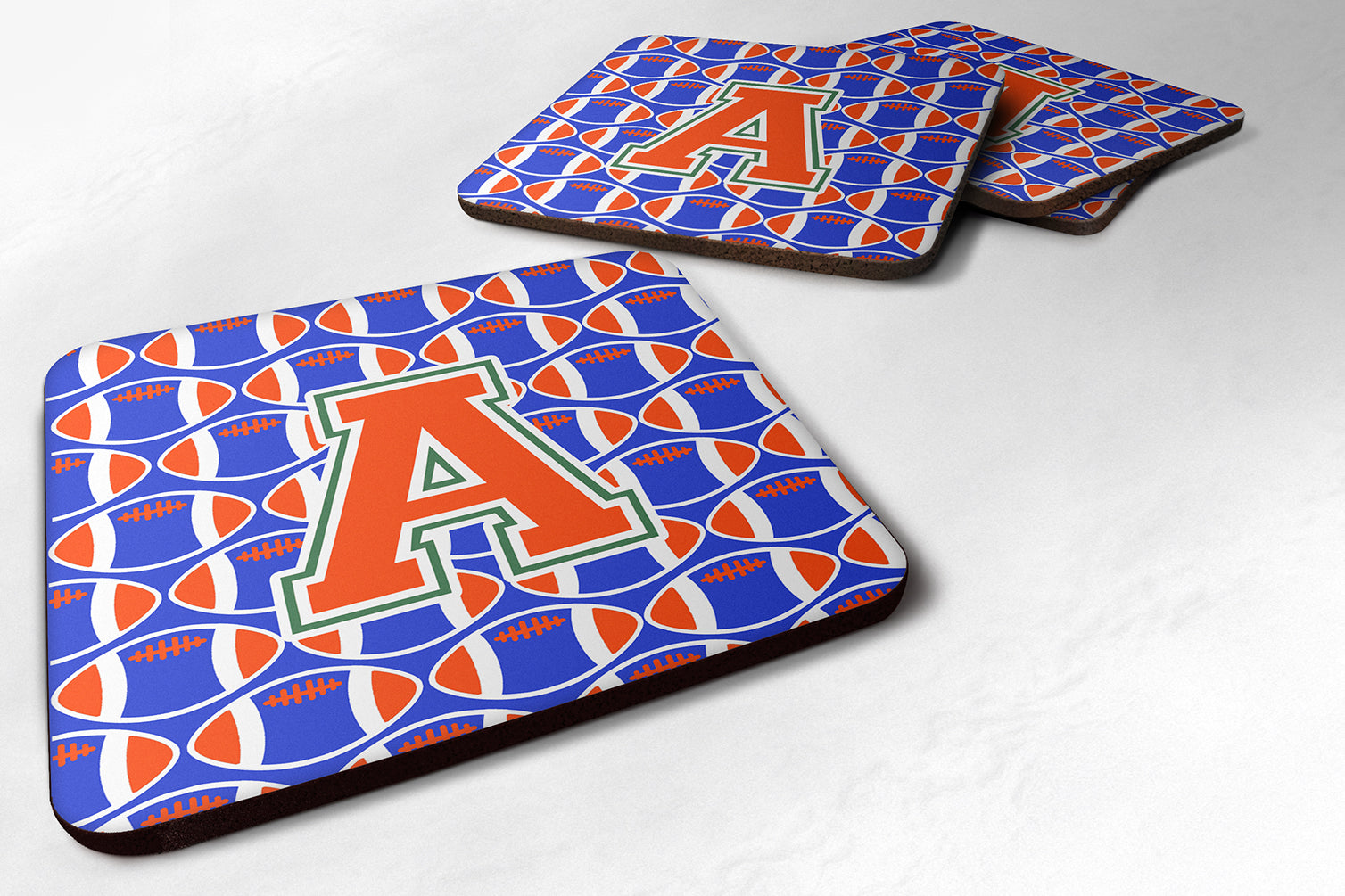 Letter A Football Green, Blue and Orange Foam Coaster Set of 4 CJ1083-AFC - the-store.com