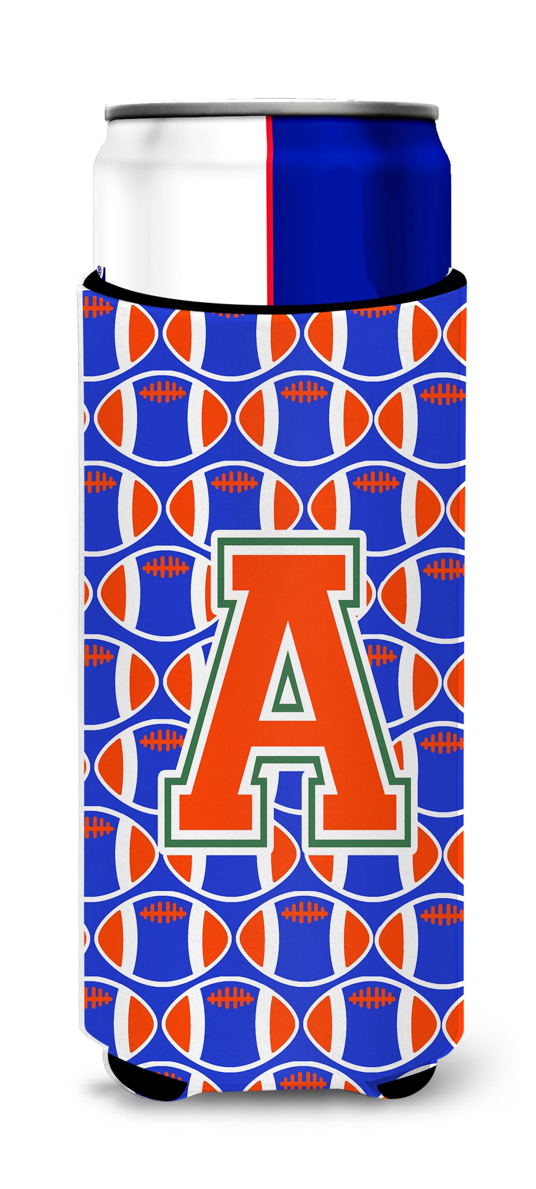 Letter A Football Green, Blue and Orange Ultra Beverage Insulators for slim cans CJ1083-AMUK.