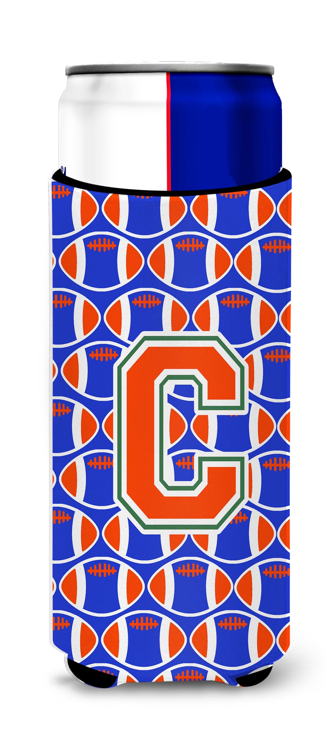 Letter C Football Green, Blue and Orange Ultra Beverage Insulators for slim cans CJ1083-CMUK.