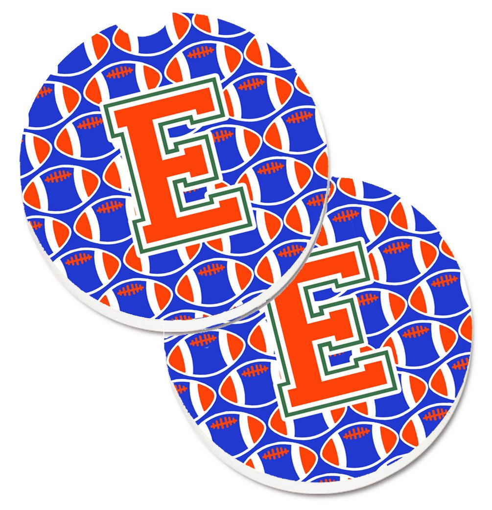 Letter E Football Green, Blue and Orange Set of 2 Cup Holder Car Coasters CJ1083-ECARC by Caroline's Treasures