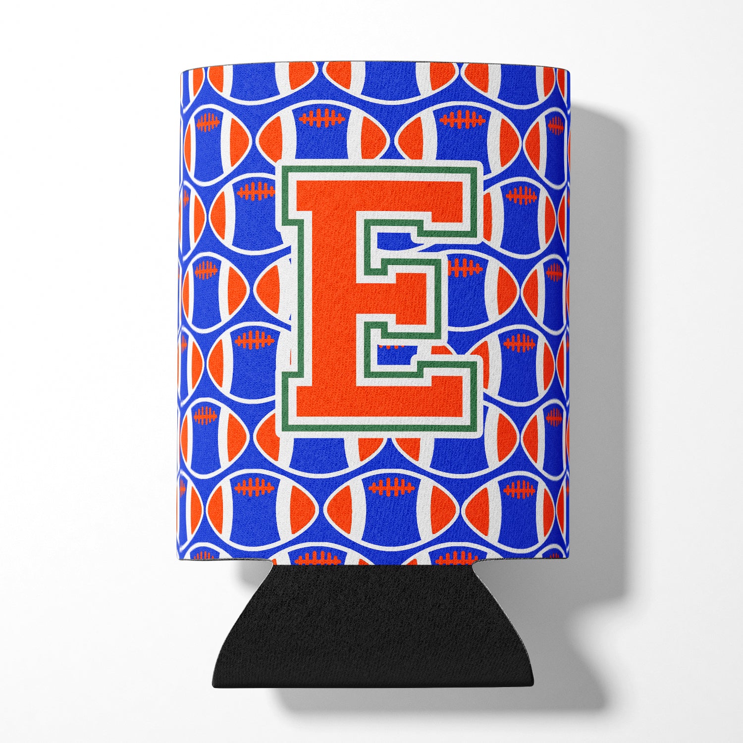 Letter E Football Green, Blue and Orange Can or Bottle Hugger CJ1083-ECC.