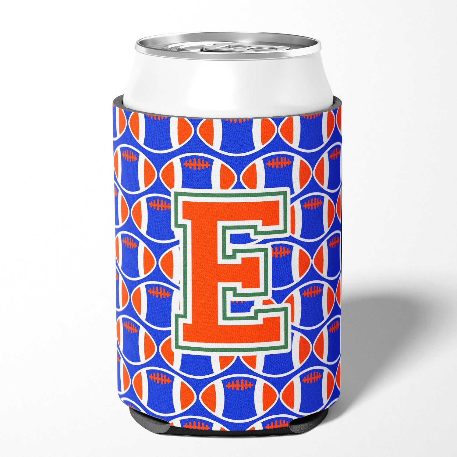 Letter E Football Green, Blue and Orange Can or Bottle Hugger CJ1083-ECC.