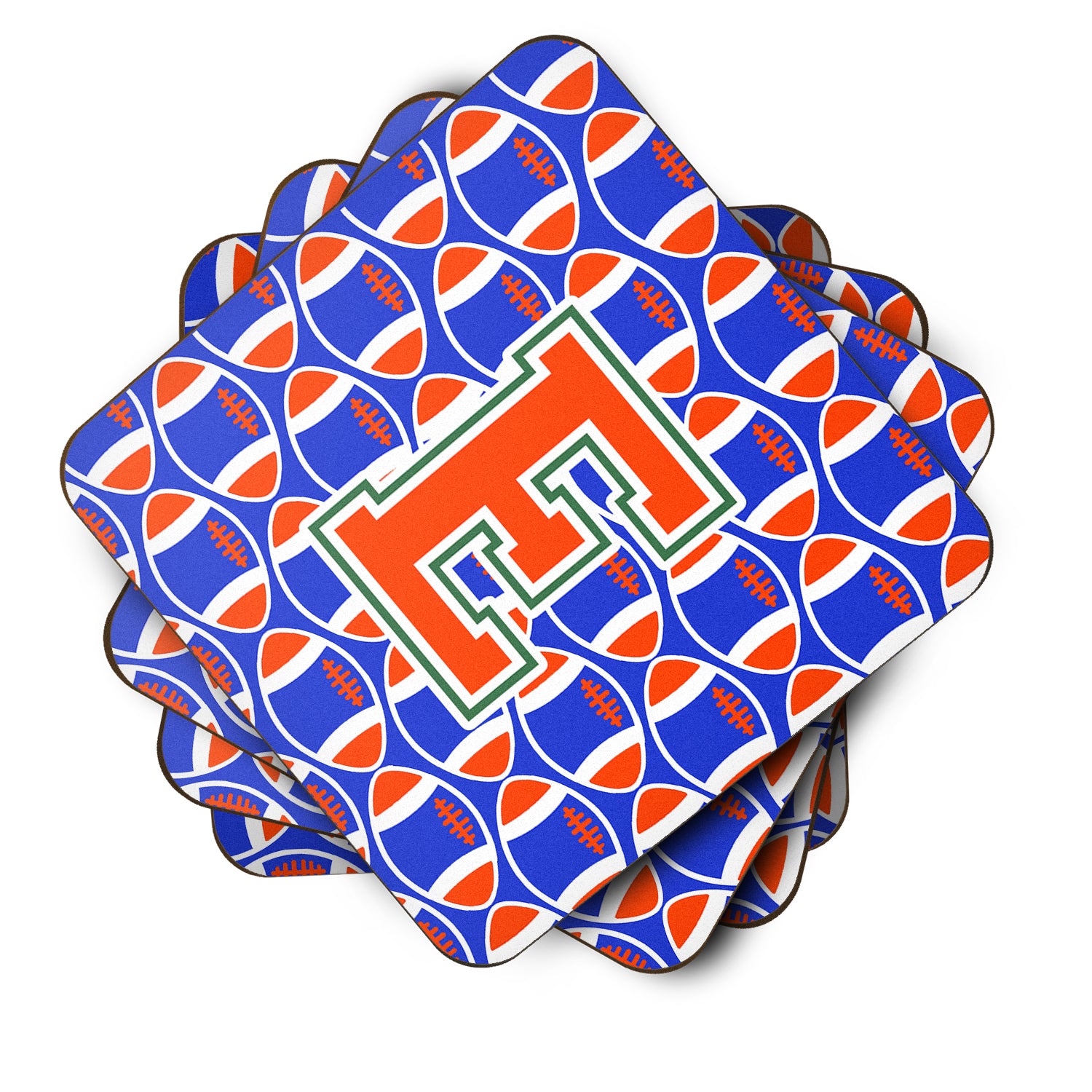 Letter E Football Green, Blue and Orange Foam Coaster Set of 4 CJ1083-EFC - the-store.com