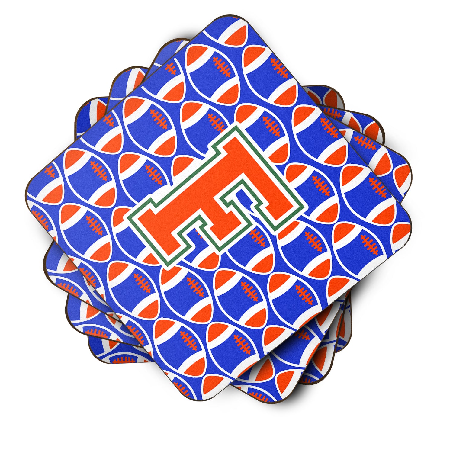 Letter F Football Green, Blue and Orange Foam Coaster Set of 4 CJ1083-FFC - the-store.com