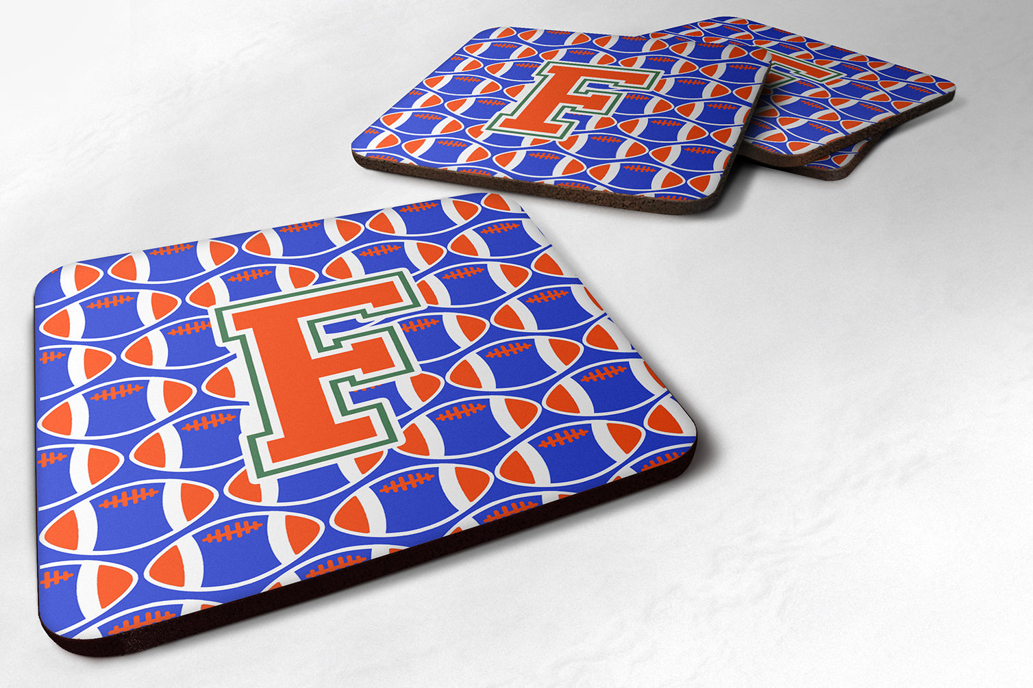 Letter F Football Green, Blue and Orange Foam Coaster Set of 4 CJ1083-FFC - the-store.com