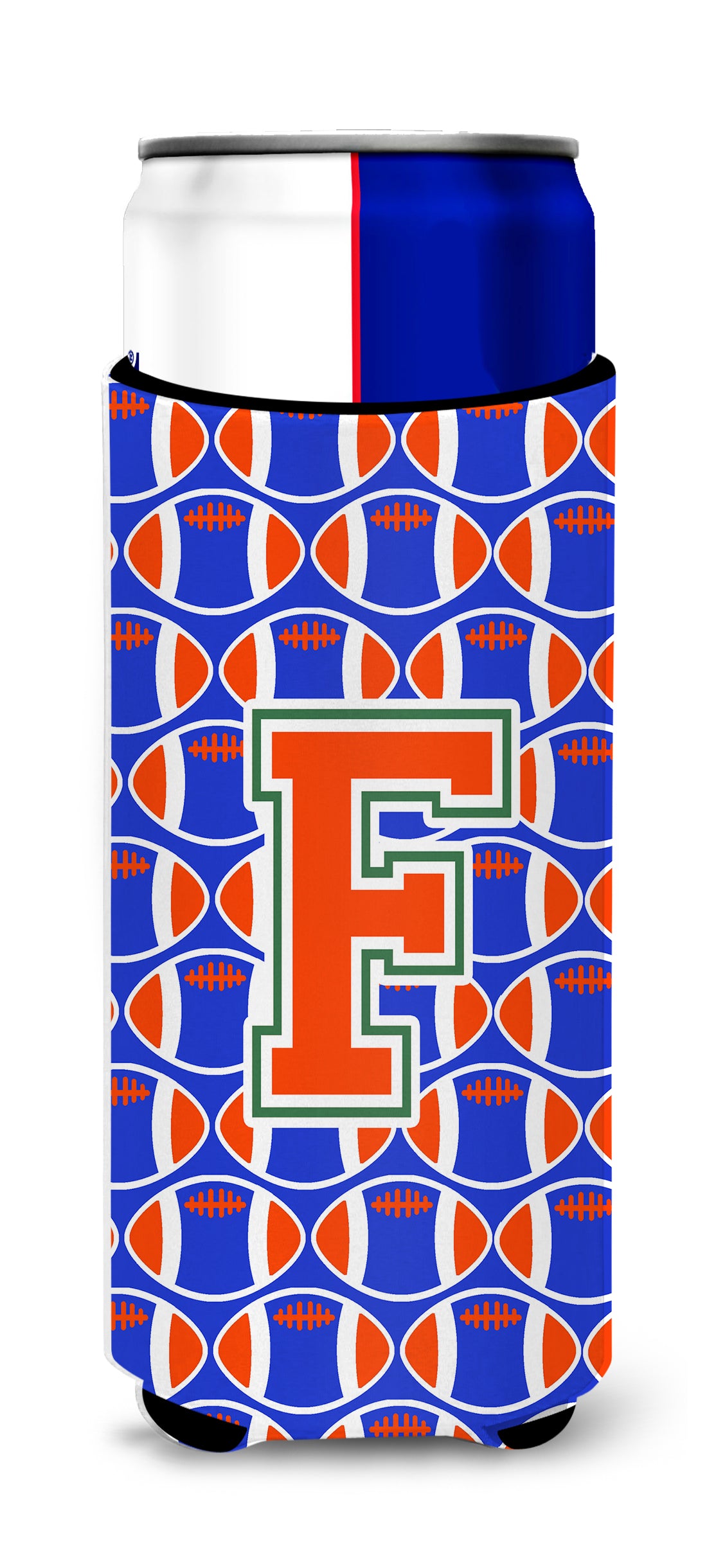 Letter F Football Green, Blue and Orange Ultra Beverage Insulators for slim cans CJ1083-FMUK.