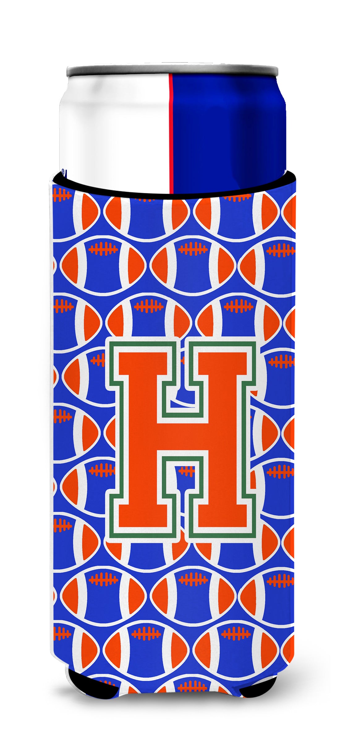 Letter H Football Green, Blue and Orange Ultra Beverage Insulators for slim cans CJ1083-HMUK.