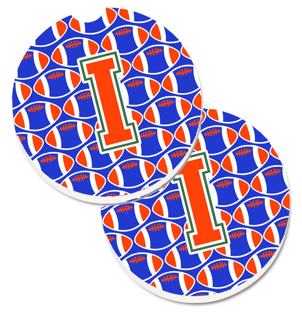 Letter I Football Green, Blue and Orange Set of 2 Cup Holder Car Coasters CJ1083-ICARC by Caroline's Treasures