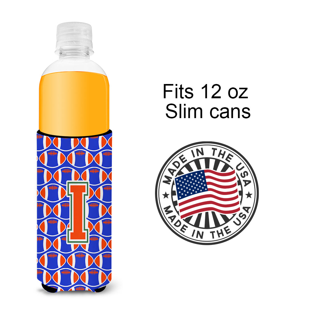 Letter I Football Green, Blue and Orange Ultra Beverage Insulators for slim cans CJ1083-IMUK.