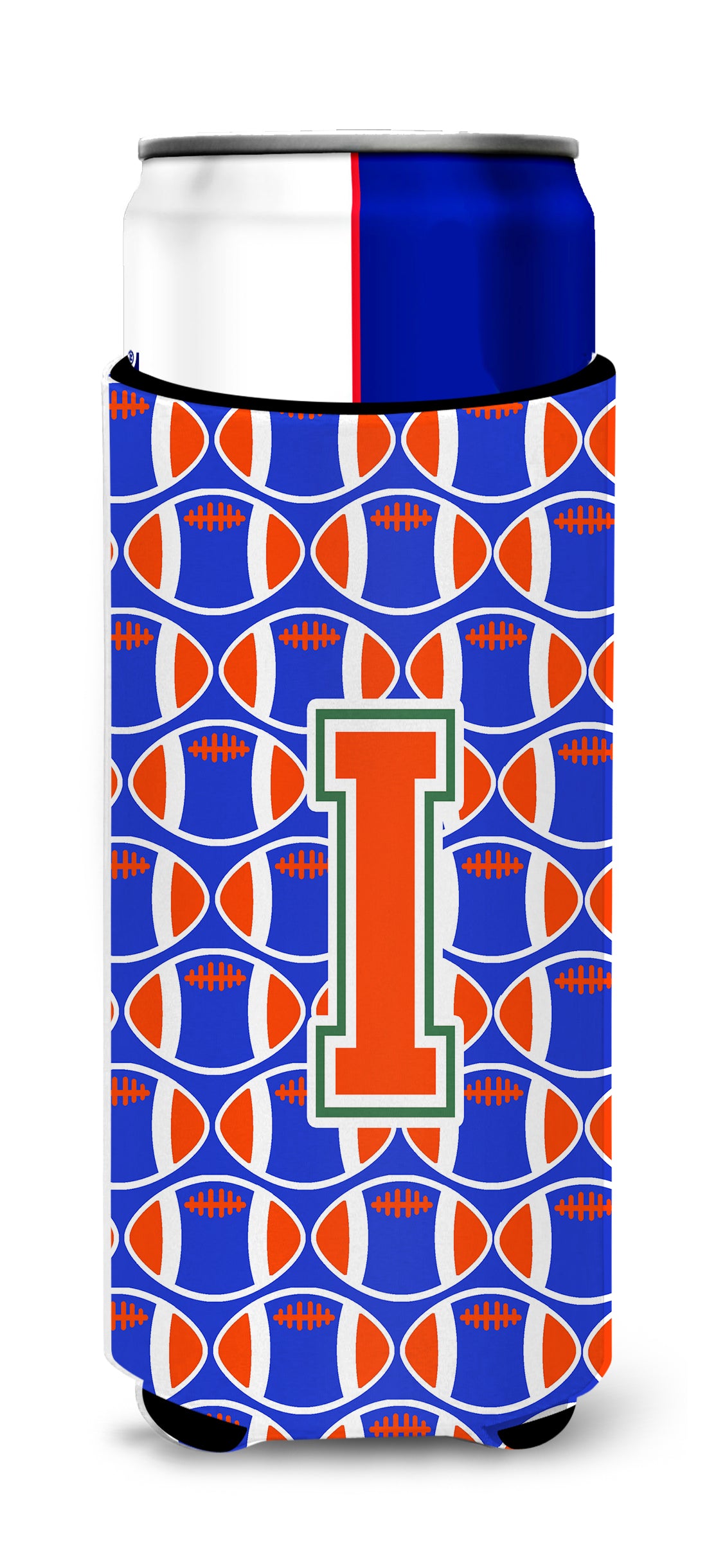 Letter I Football Green, Blue and Orange Ultra Beverage Insulators for slim cans CJ1083-IMUK.