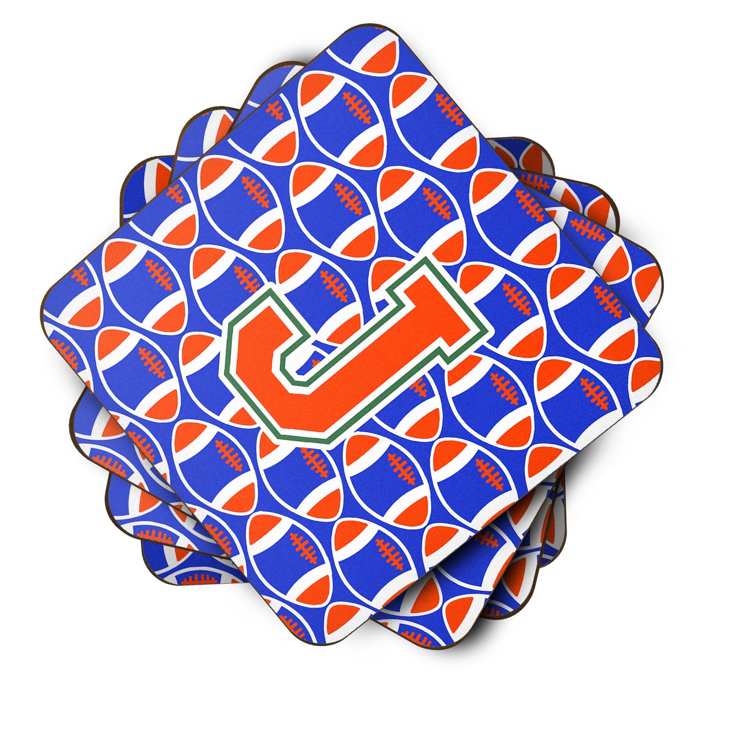 Letter J Football Green, Blue and Orange Foam Coaster Set of 4 CJ1083-JFC - the-store.com