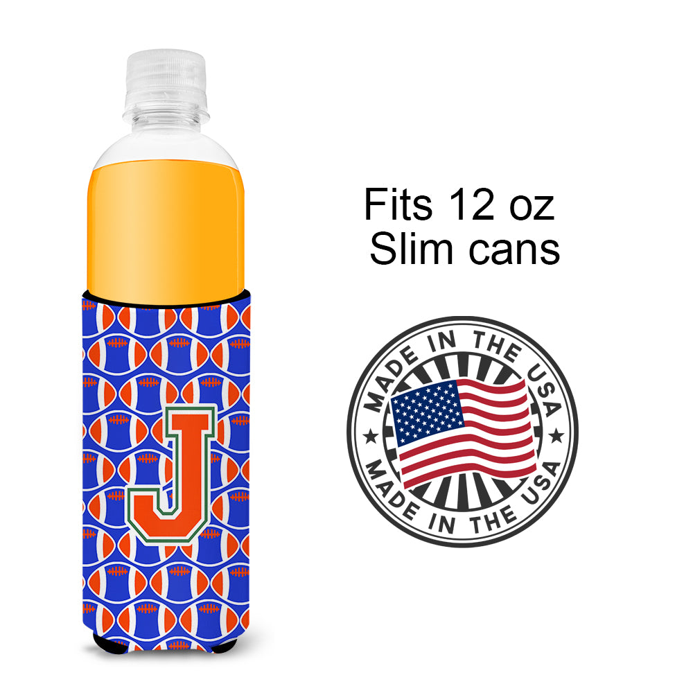 Letter J Football Green, Blue and Orange Ultra Beverage Insulators for slim cans CJ1083-JMUK.