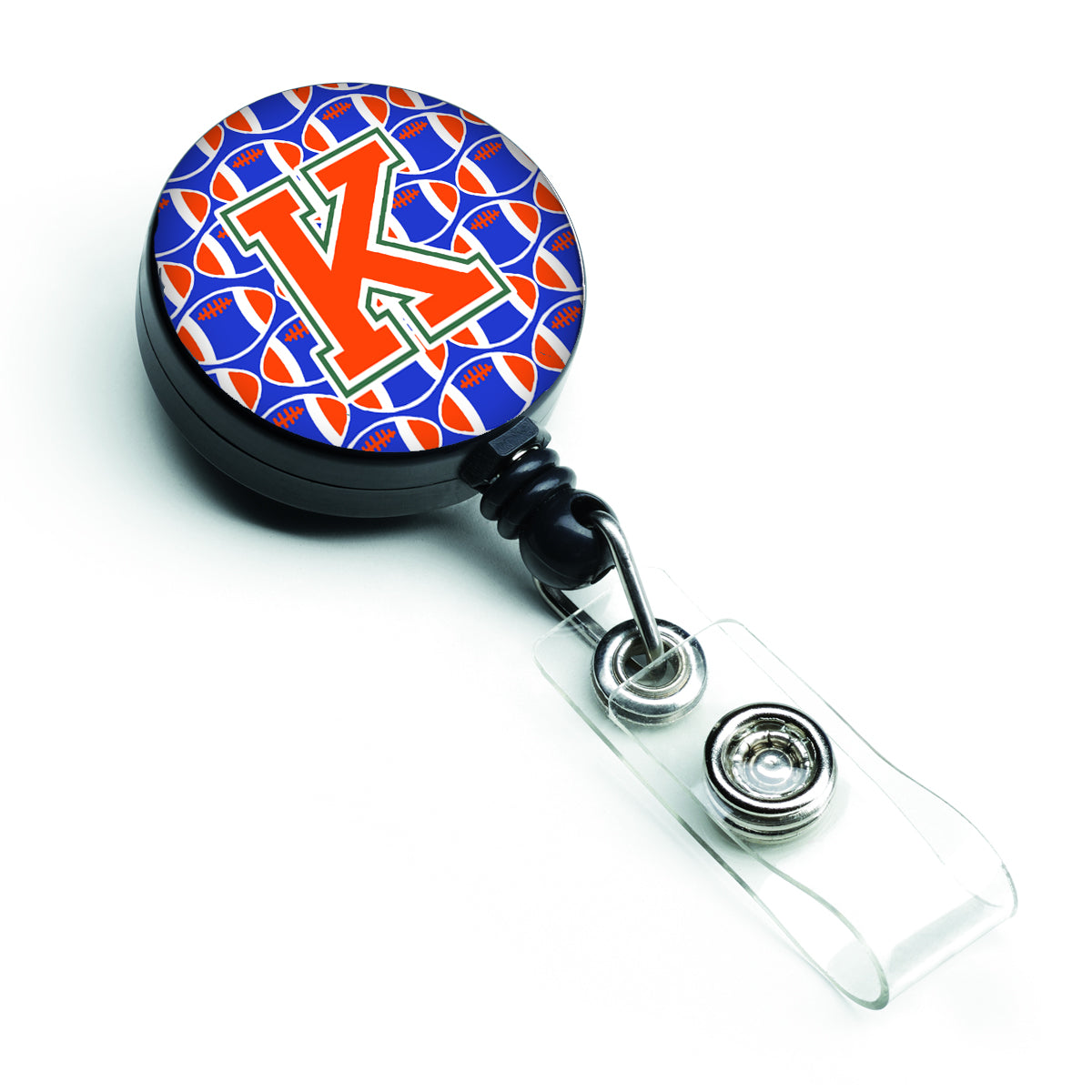 Letter K Football Green, Blue and Orange Retractable Badge Reel CJ1083-KBR.