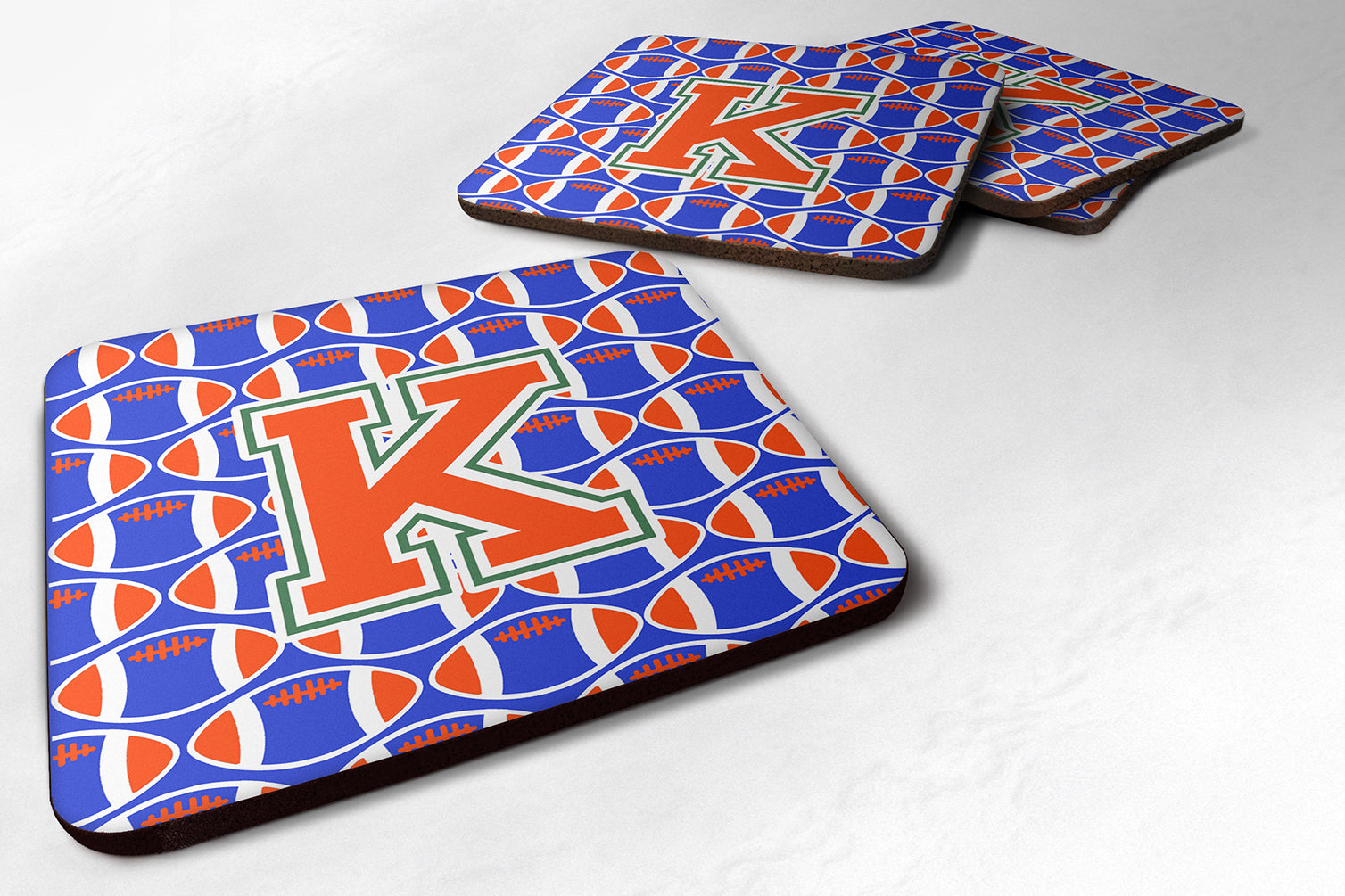 Letter K Football Green, Blue and Orange Foam Coaster Set of 4 CJ1083-KFC - the-store.com