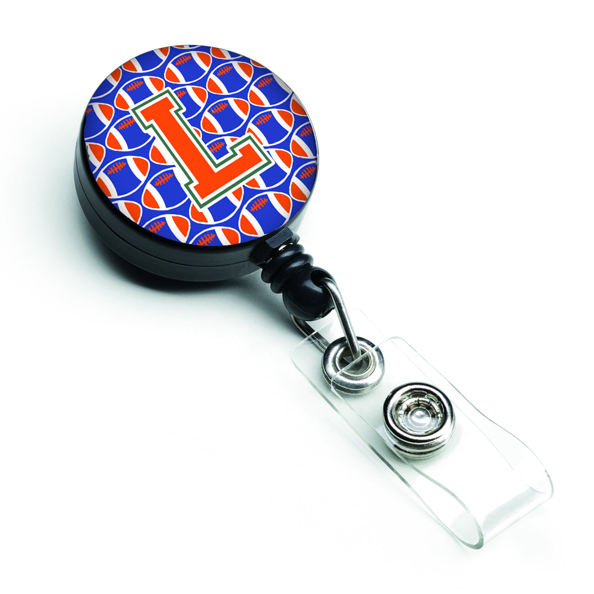 Letter L Football Green, Blue and Orange Retractable Badge Reel CJ1083-LBR.