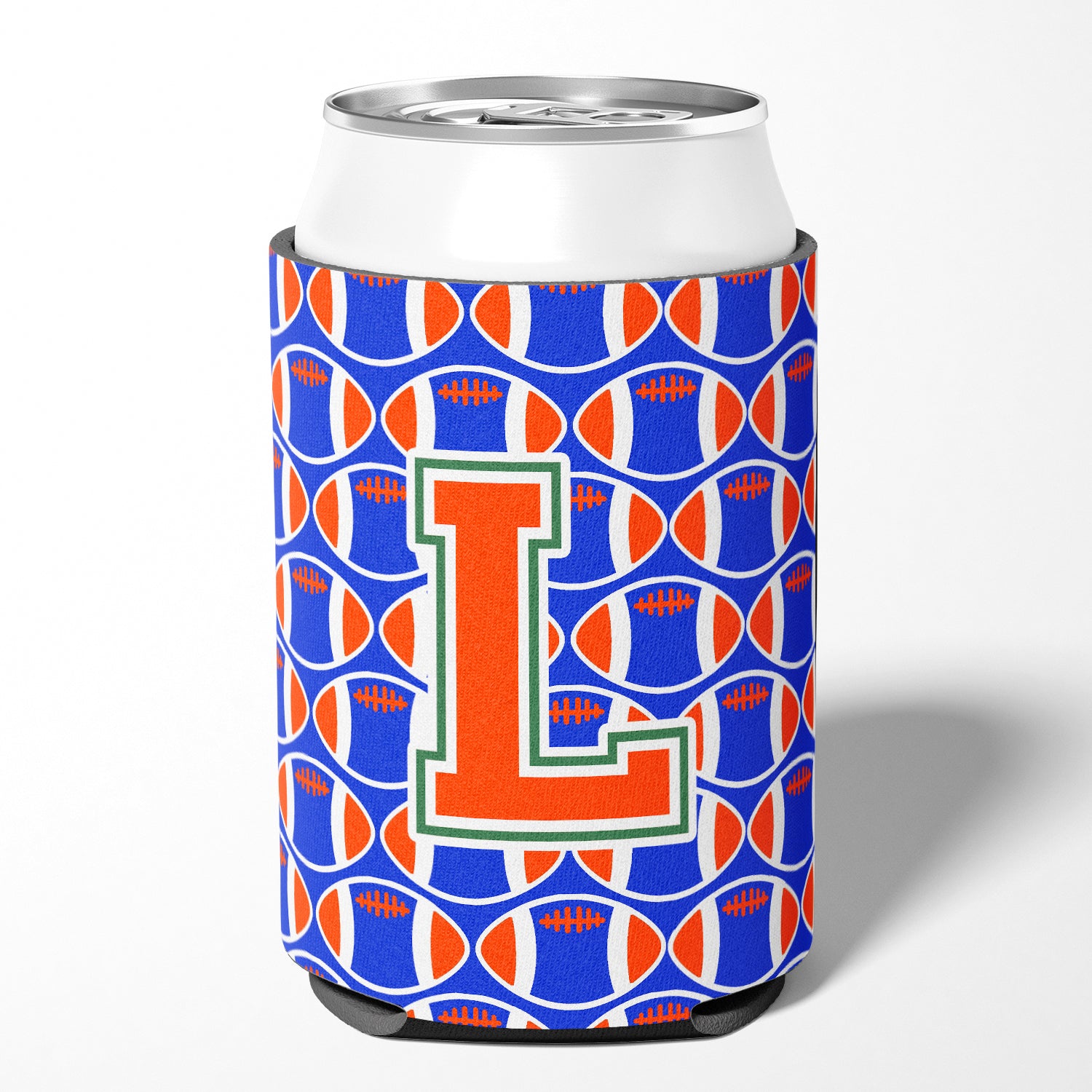 Letter L Football Green, Blue and Orange Can or Bottle Hugger CJ1083-LCC.