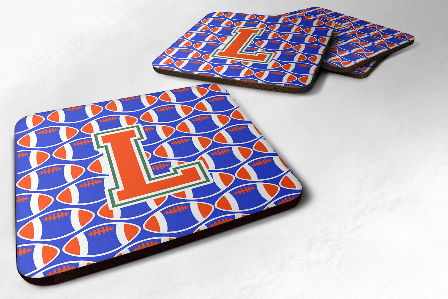 Letter L Football Green, Blue and Orange Foam Coaster Set of 4 CJ1083-LFC - the-store.com