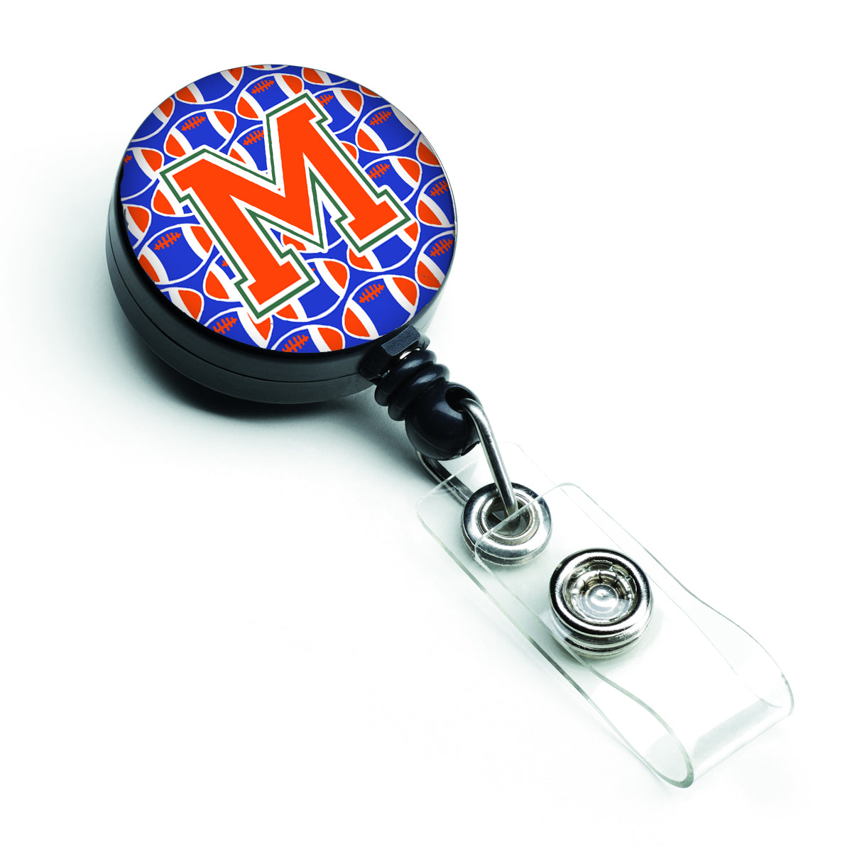 Letter M Football Green, Blue and Orange Retractable Badge Reel CJ1083-MBR.