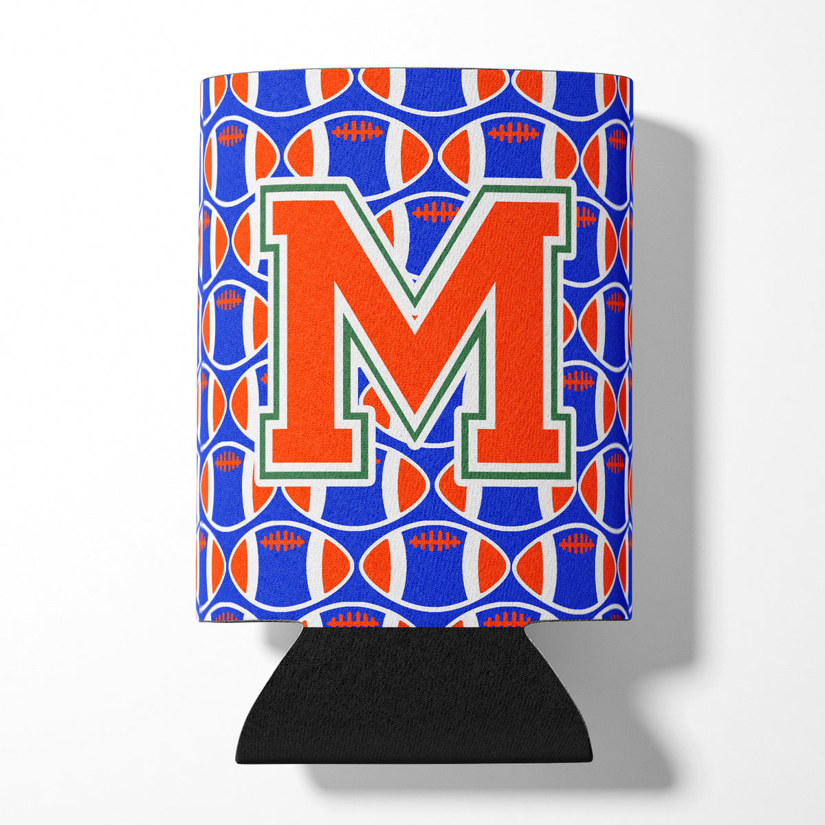 Letter M Football Green, Blue and Orange Can or Bottle Hugger CJ1083-MCC.