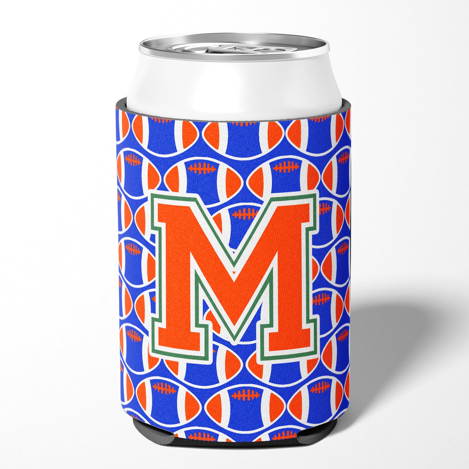 Letter M Football Green, Blue and Orange Can or Bottle Hugger CJ1083-MCC.