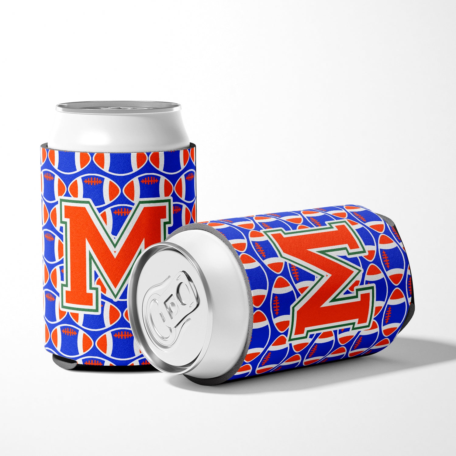 Letter M Football Green, Blue and Orange Can or Bottle Hugger CJ1083-MCC.