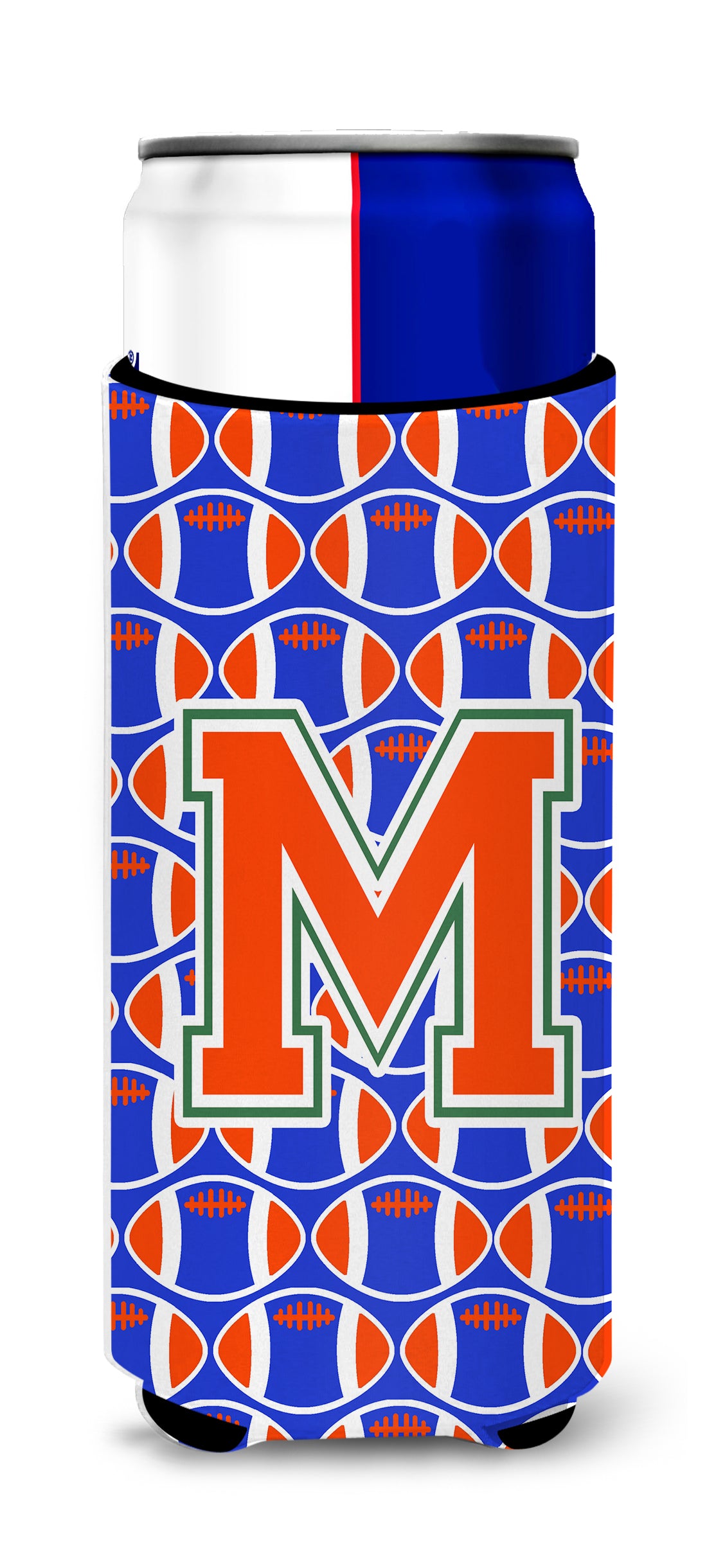 Letter M Football Green, Blue and Orange Ultra Beverage Insulators for slim cans CJ1083-MMUK.