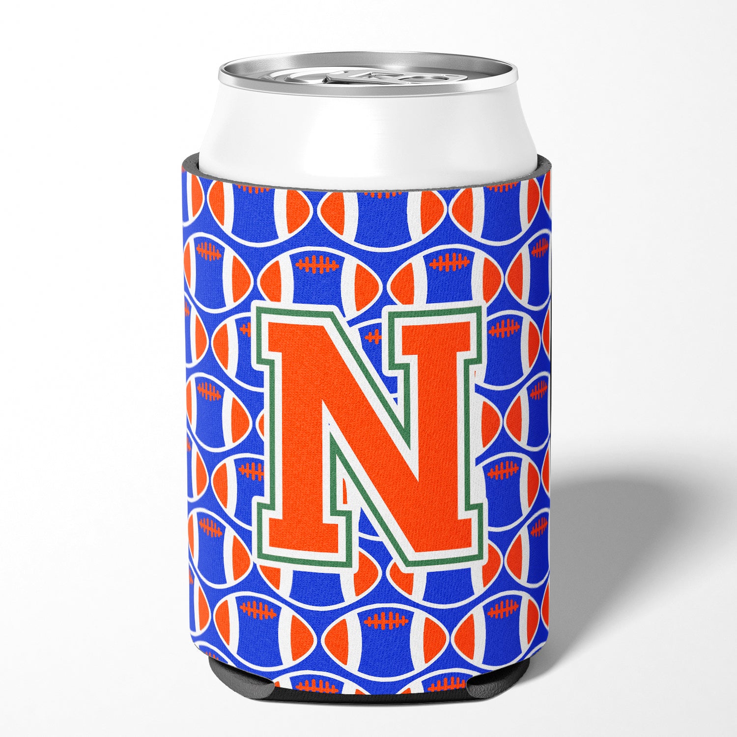 Letter N Football Green, Blue and Orange Can or Bottle Hugger CJ1083-NCC.