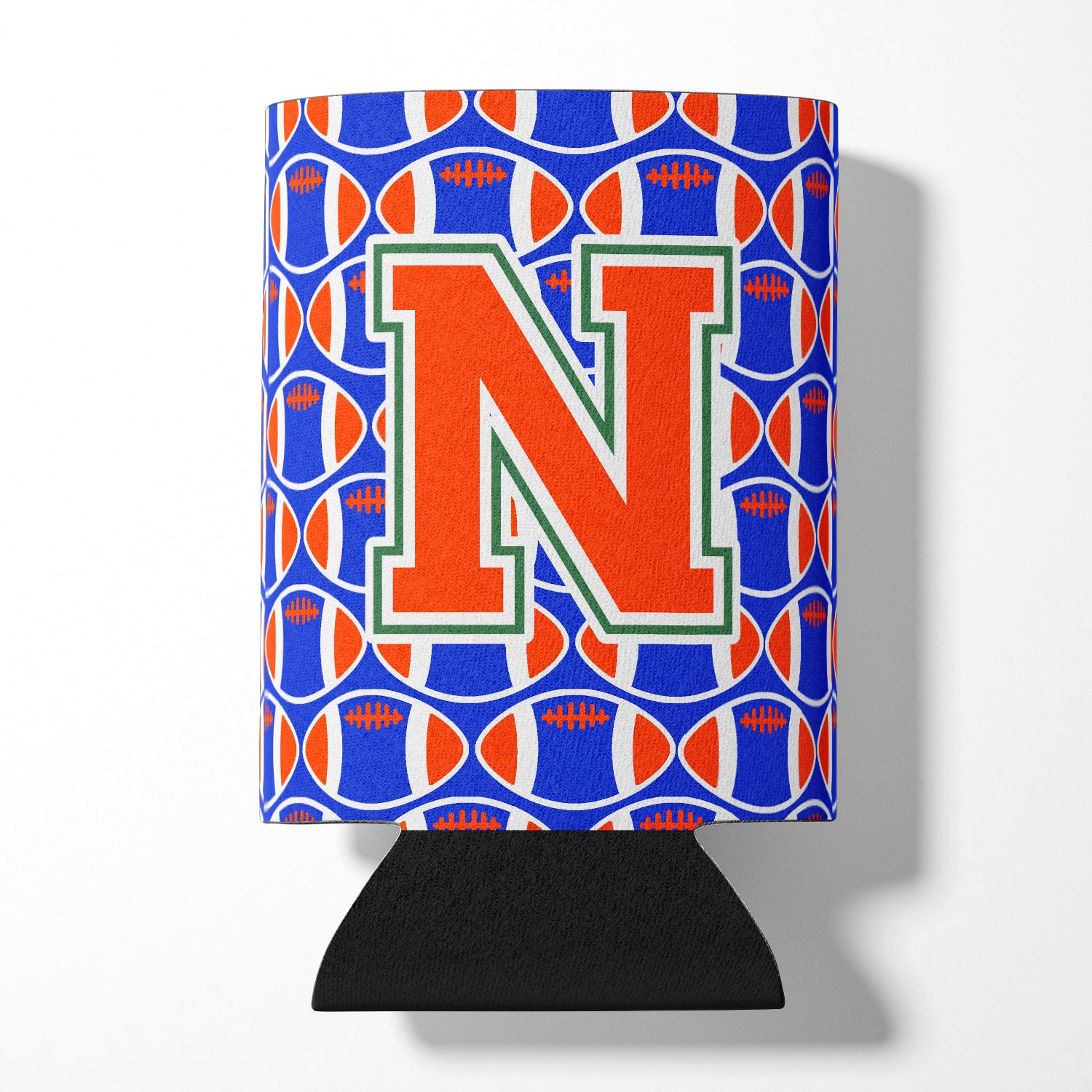 Letter N Football Green, Blue and Orange Can or Bottle Hugger CJ1083-NCC.