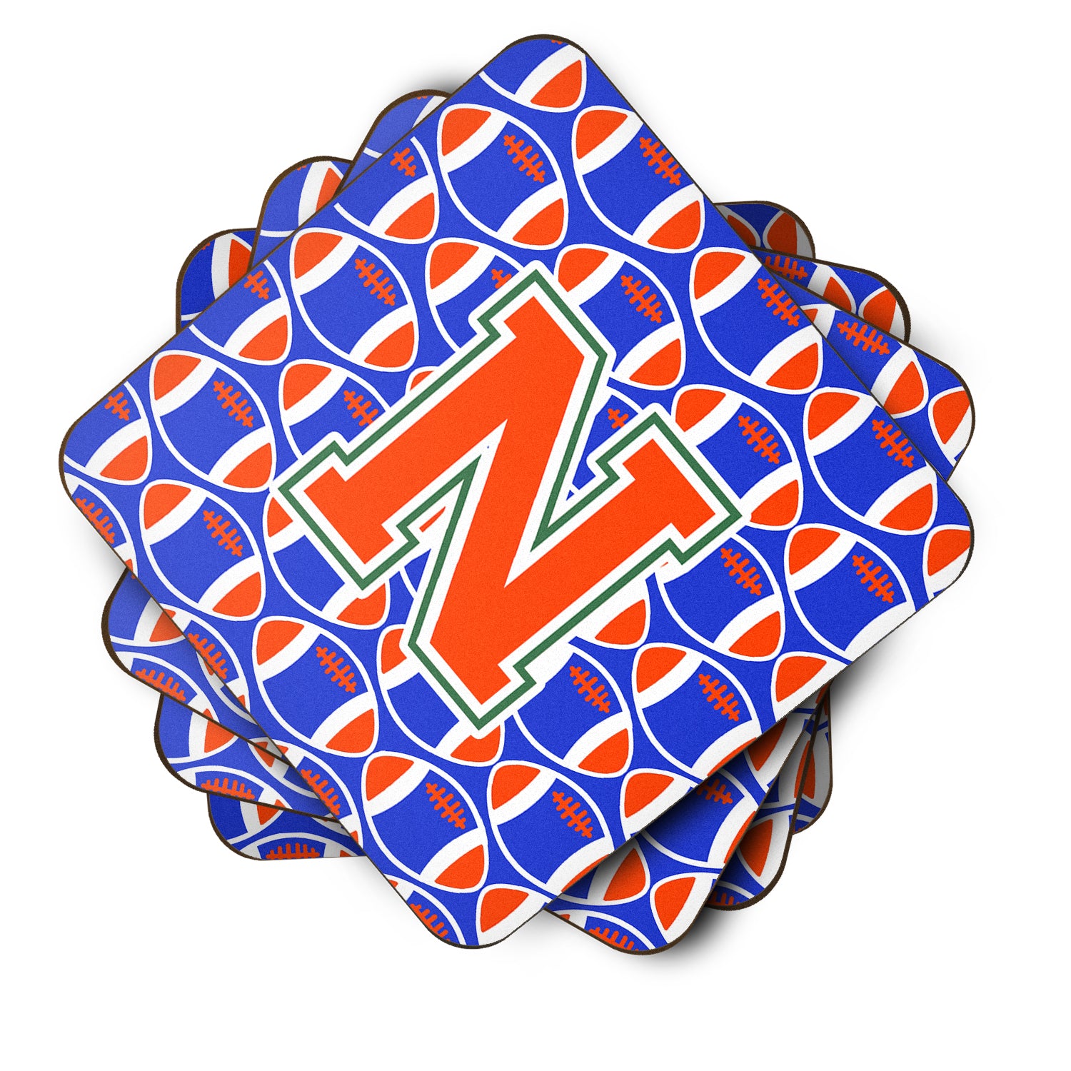 Letter N Football Green, Blue and Orange Foam Coaster Set of 4 CJ1083-NFC - the-store.com