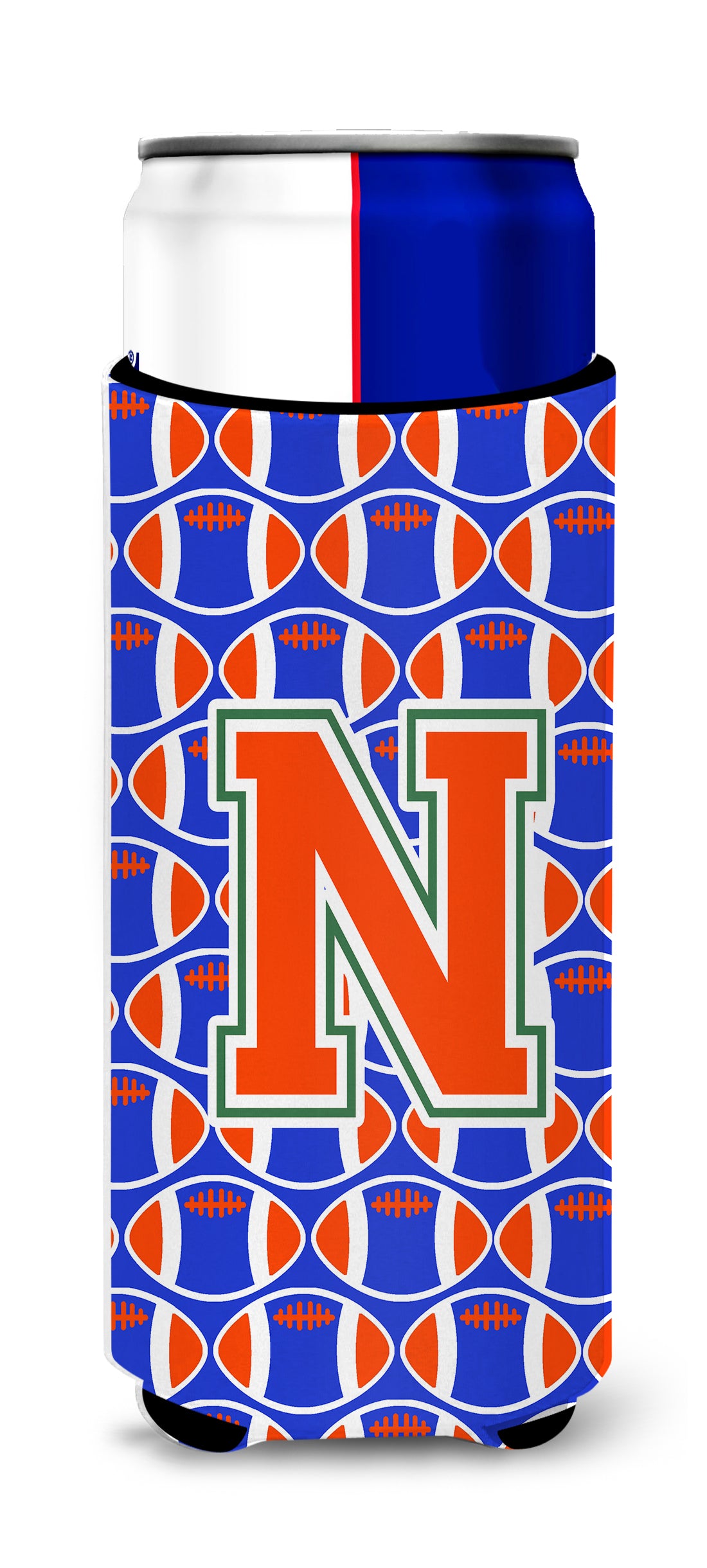 Letter N Football Green, Blue and Orange Ultra Beverage Insulators for slim cans CJ1083-NMUK.