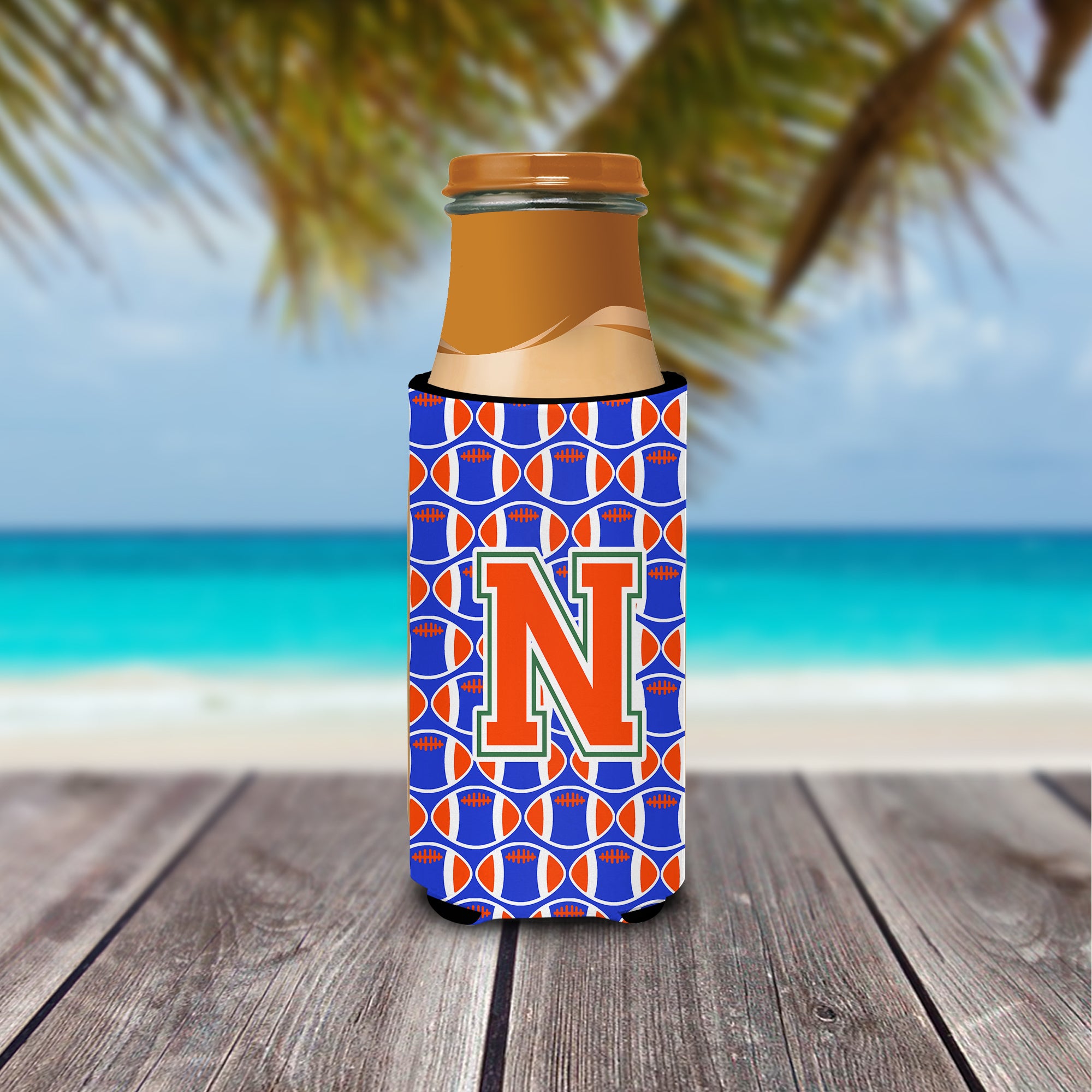 Letter N Football Green, Blue and Orange Ultra Beverage Insulators for slim cans CJ1083-NMUK.