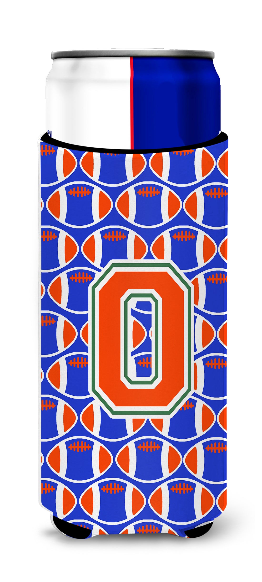 Letter O Football Green, Blue and Orange Ultra Beverage Insulators for slim cans CJ1083-OMUK.